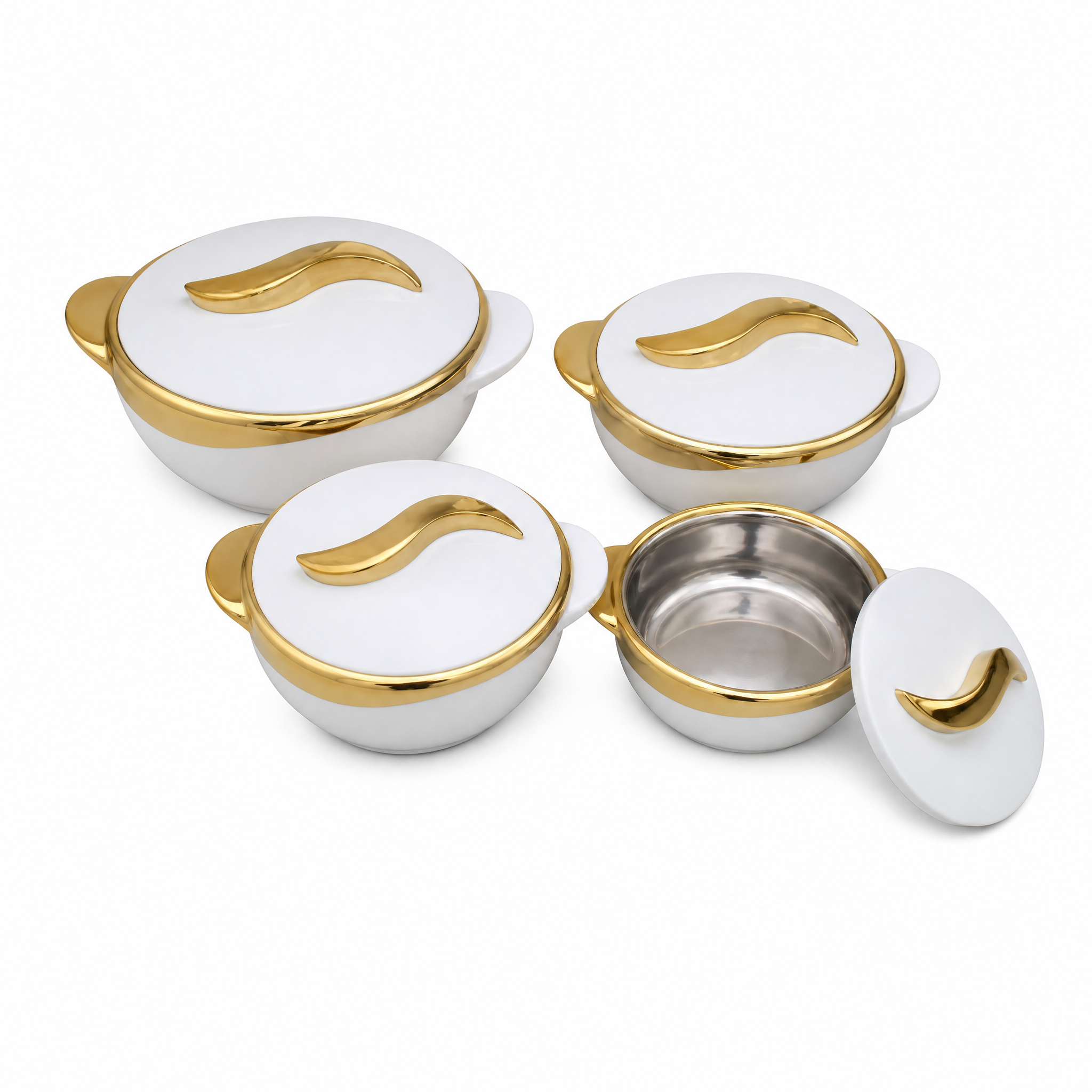 Four white lidded food warmers with gold trim, the smallest open showing a steel liner