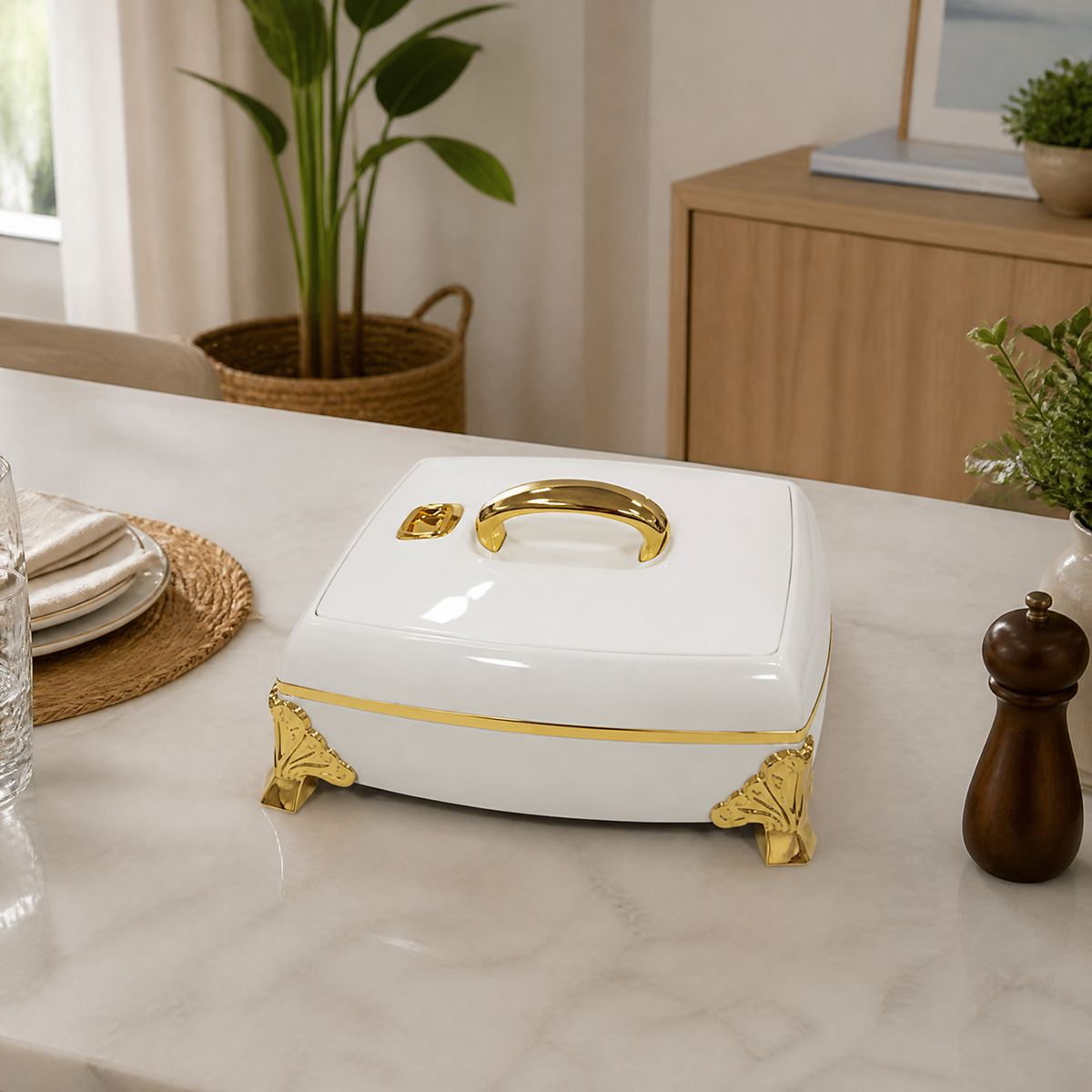 Square food warmer with gold-tone trim