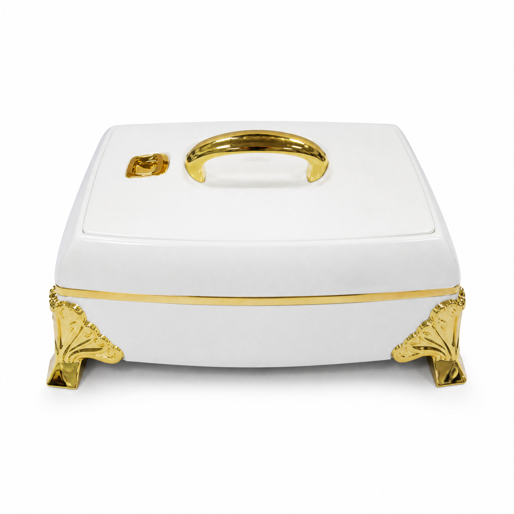 Square food warmer with gold-tone trim