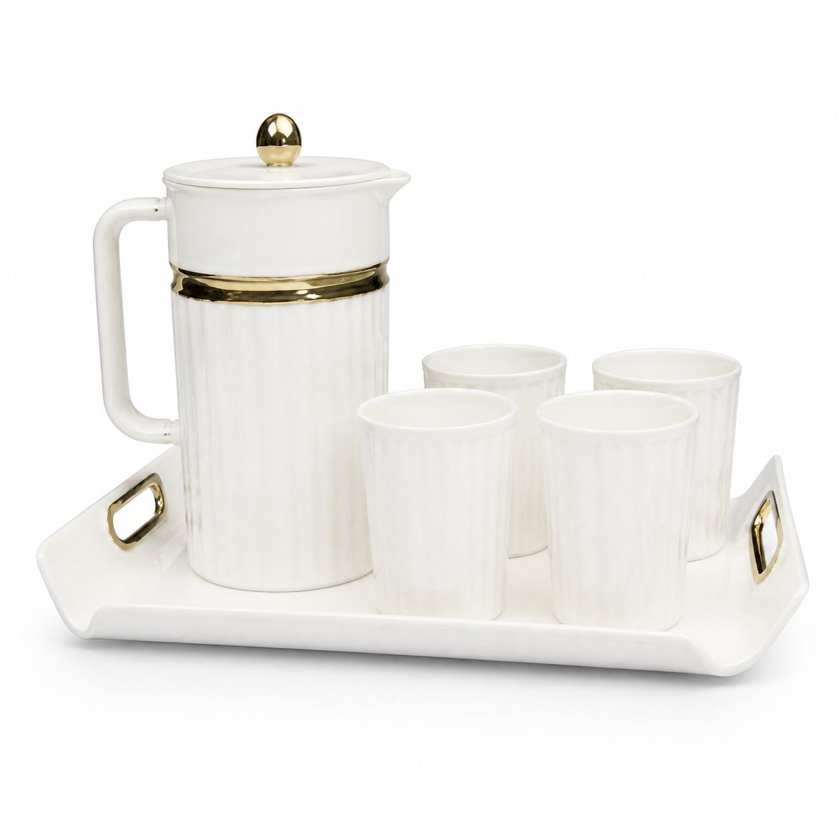 White ribbed pitcher with gold band and lid finial, four matching cups, on a white gold-handled tray