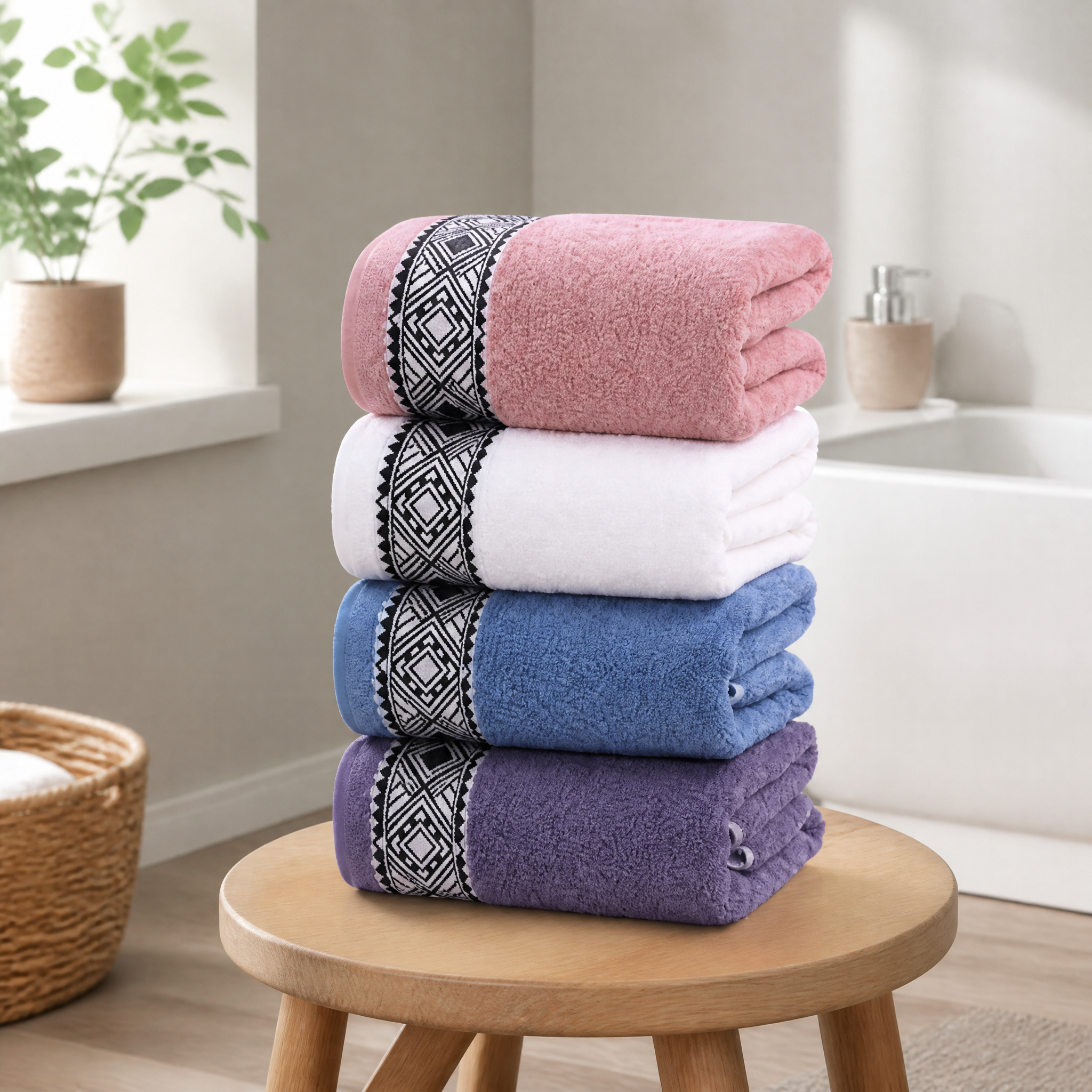 Four bath towels in pink, white, blue and purple stacked on a wooden stool in a bright bathroom