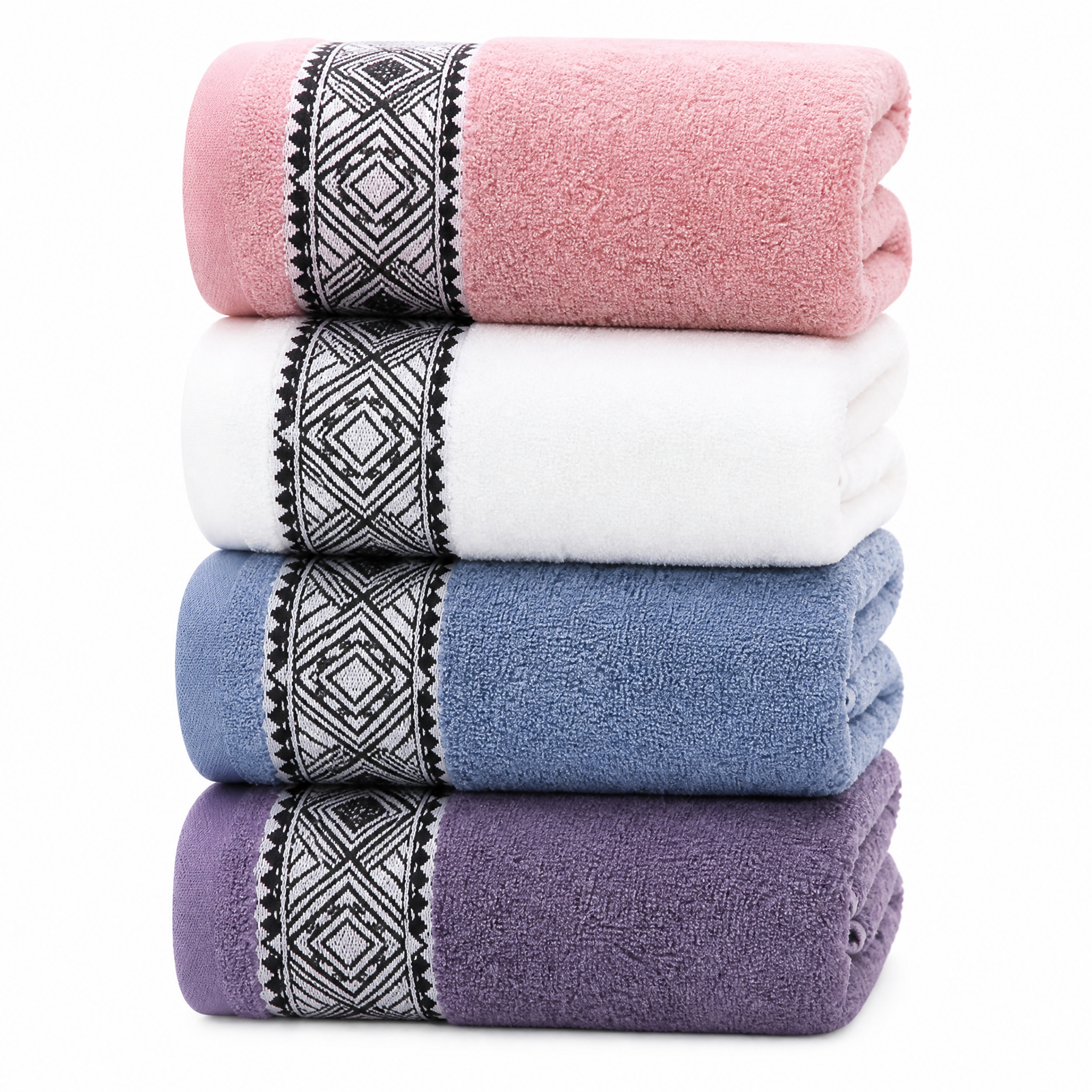 Four bath towels stacked in pink, white, blue and purple, each with a black-and-white geometric border