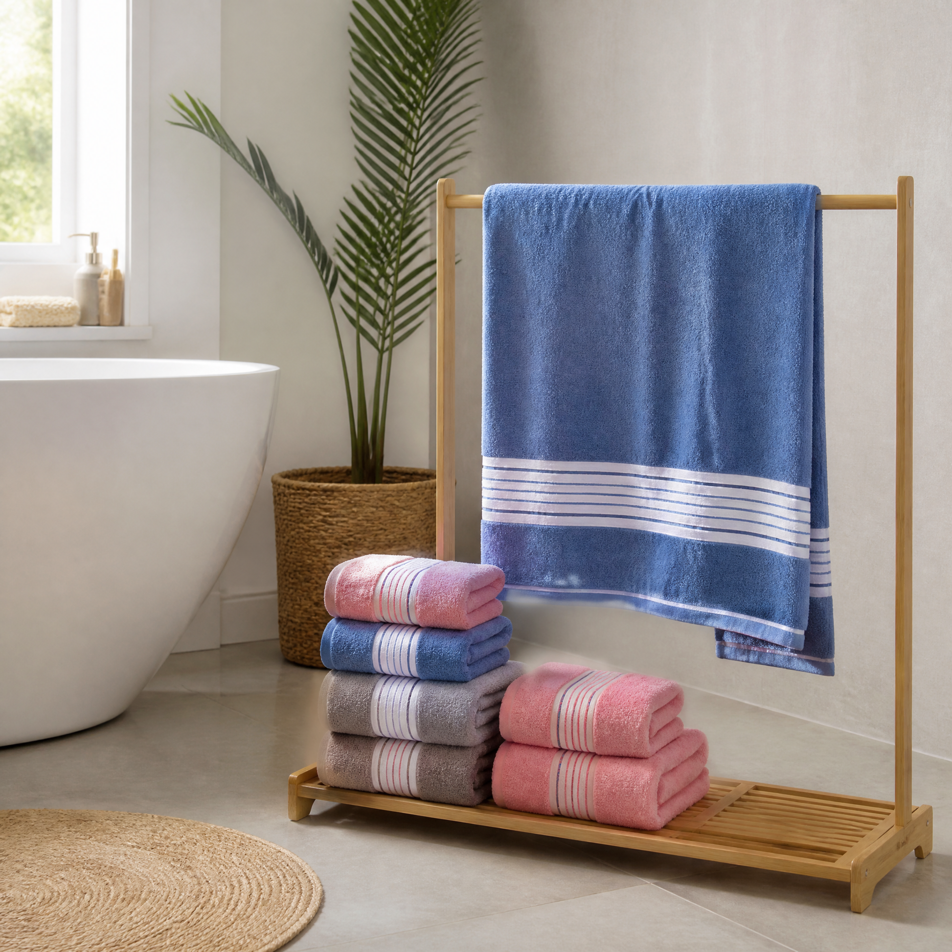 Blue striped bath towel on a bamboo rack with pink, blue, grey and taupe towels below