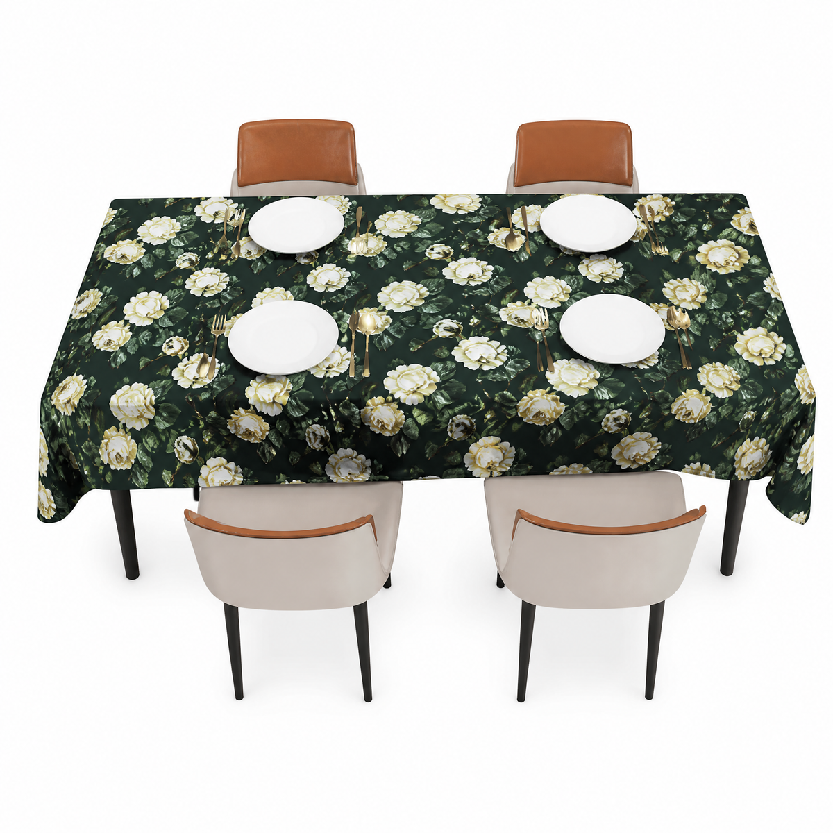 Dark green table cover with cream rose print, spread over a rectangular dining table set for four