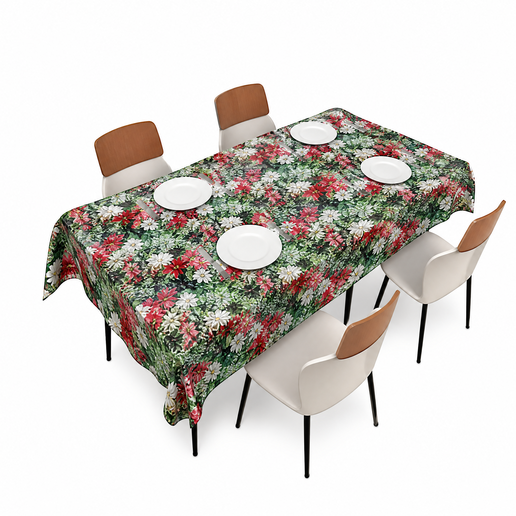 Red and white floral table roll fabric, shown cut and draped over a rectangular dining table set for four