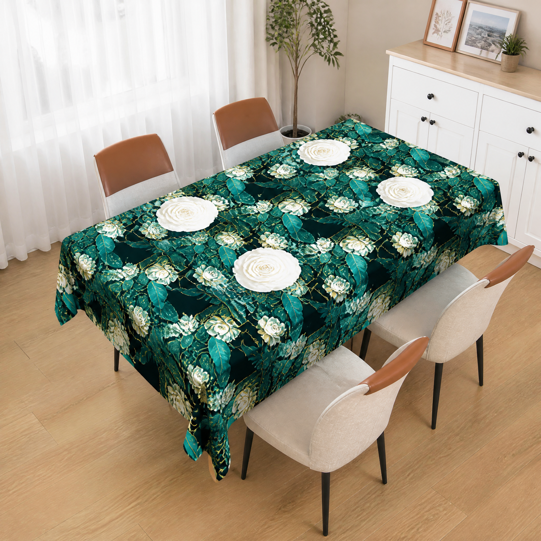 RECOMMENDED FOR REMOVAL - if retained: teal floral table covering dressed on a dining table