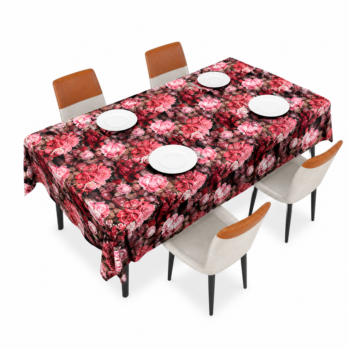 Rose-print table covering in pink and red, spread over a rectangular dining table set with four white plates