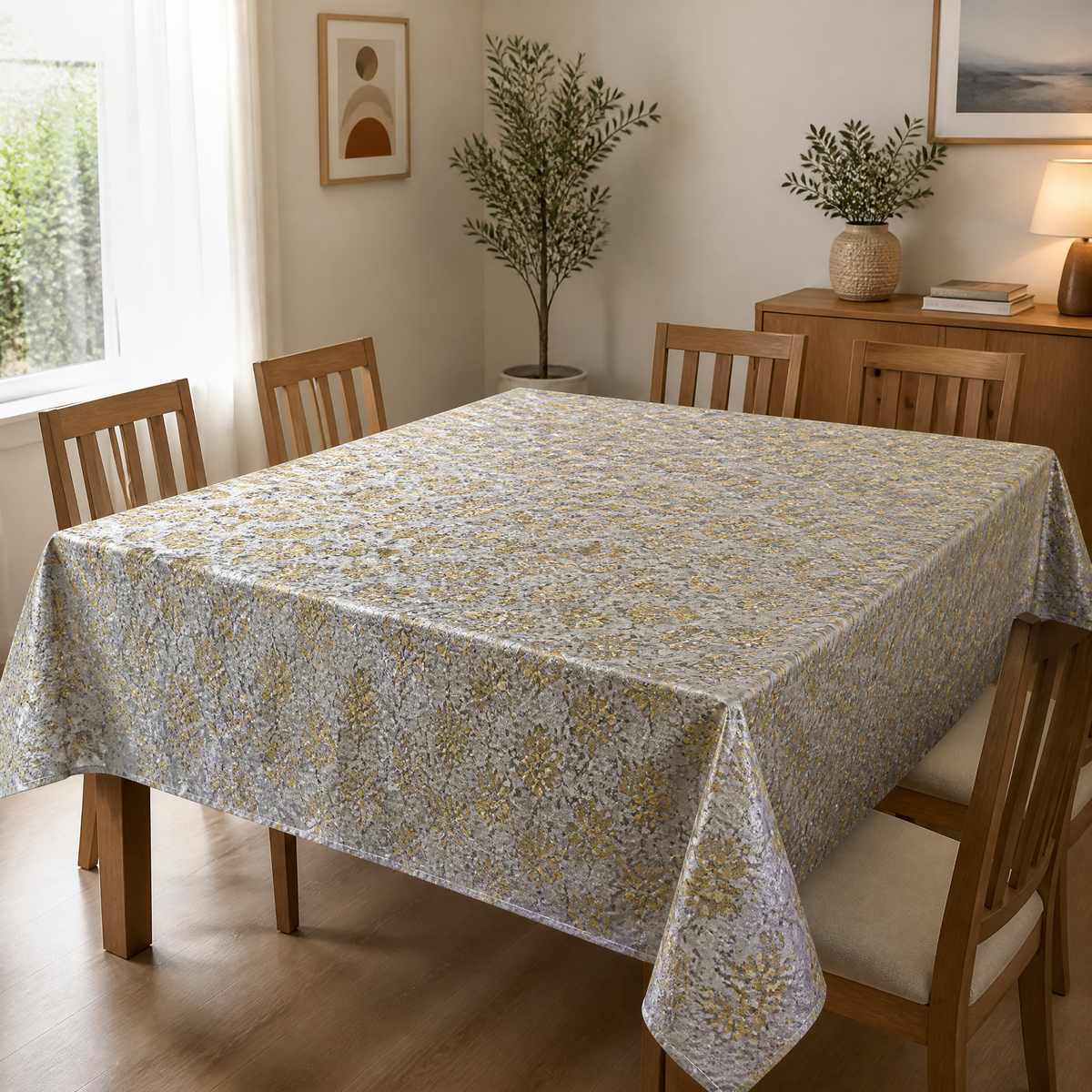 Dining table dressed with a table roll in a small repeating gold floral pattern on grey