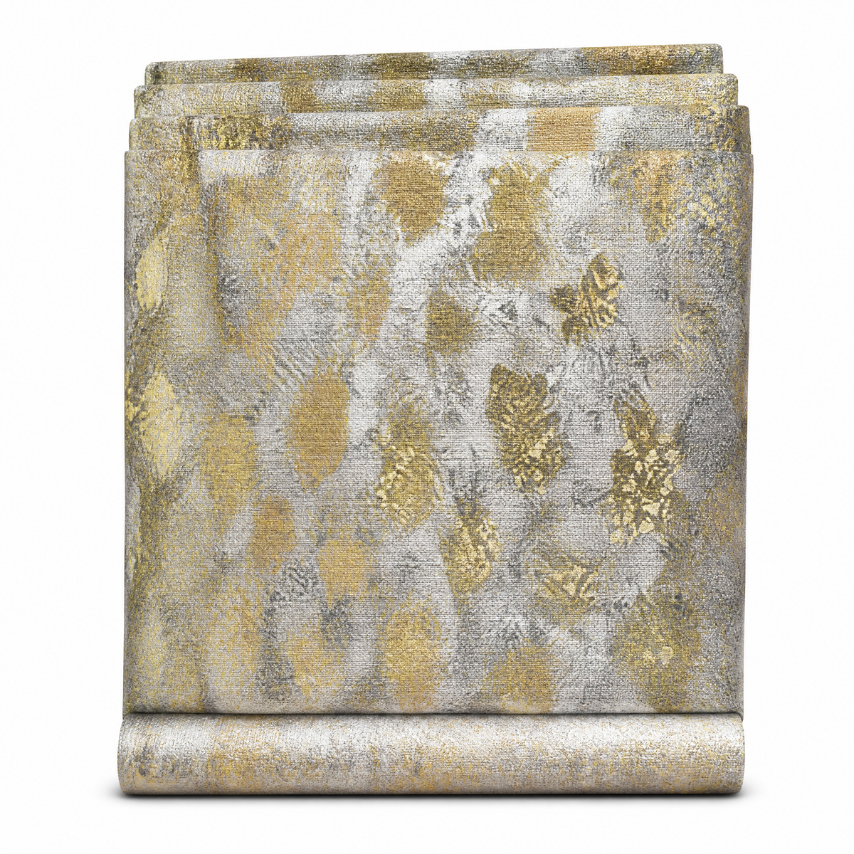 Table roll fabric folded on its bolt, abstract gold blotch pattern on a woven silver-grey ground
