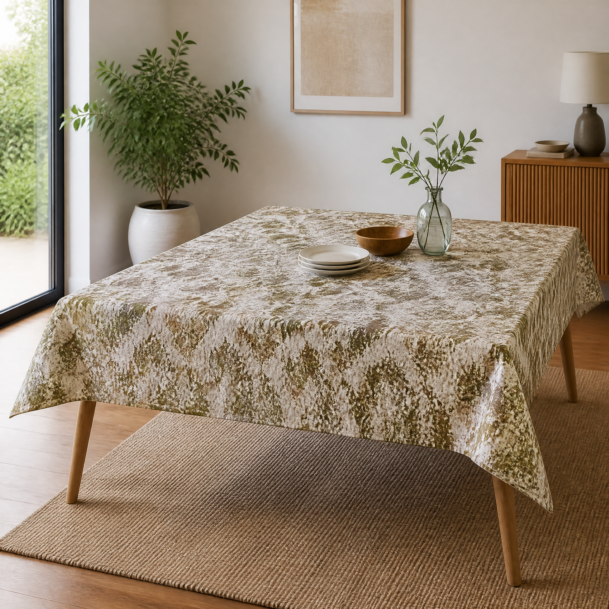 Dining table dressed in the mottled olive-green and cream table roll