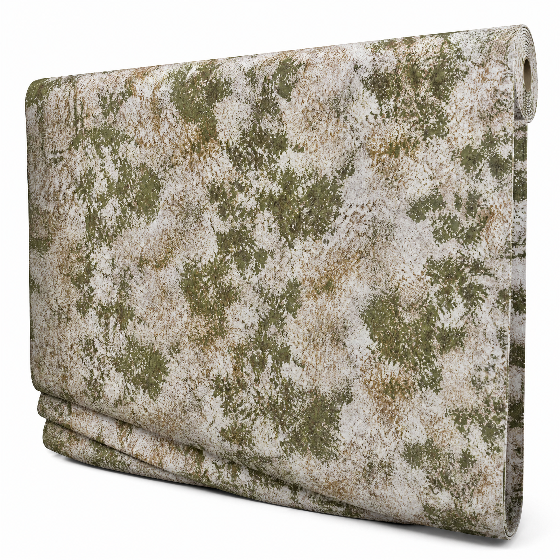 Table roll in a mottled olive-green and cream print, 1.37 m x 20 m, partly unrolled