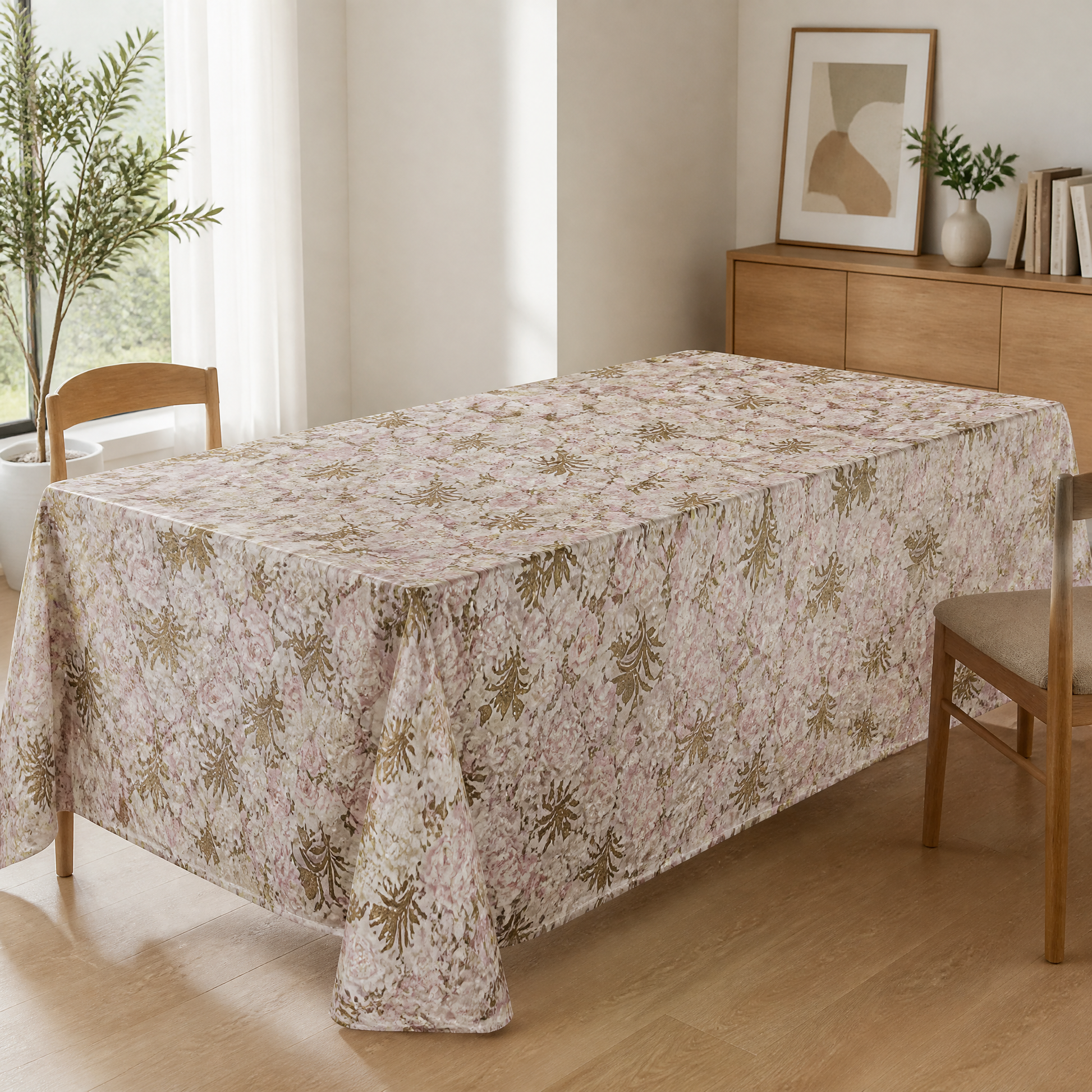 Dining table dressed in the pink rose and gold scrollwork table roll