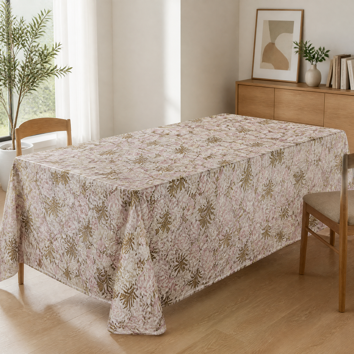 Dining table dressed in the pink rose and gold scrollwork table roll