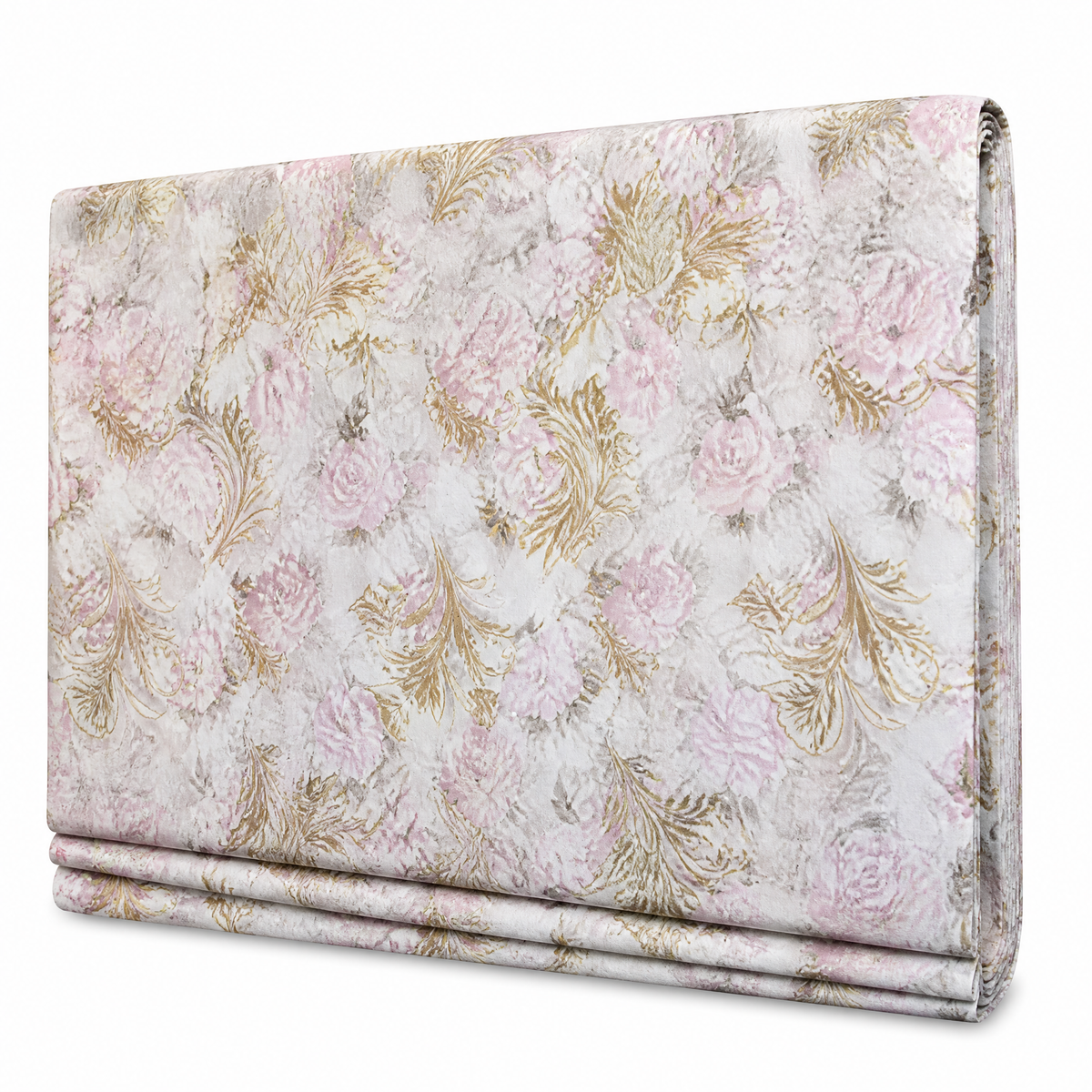 Table roll printed with pink roses and gold leaf scrollwork on a cream ground, 1.37 m x 20 m