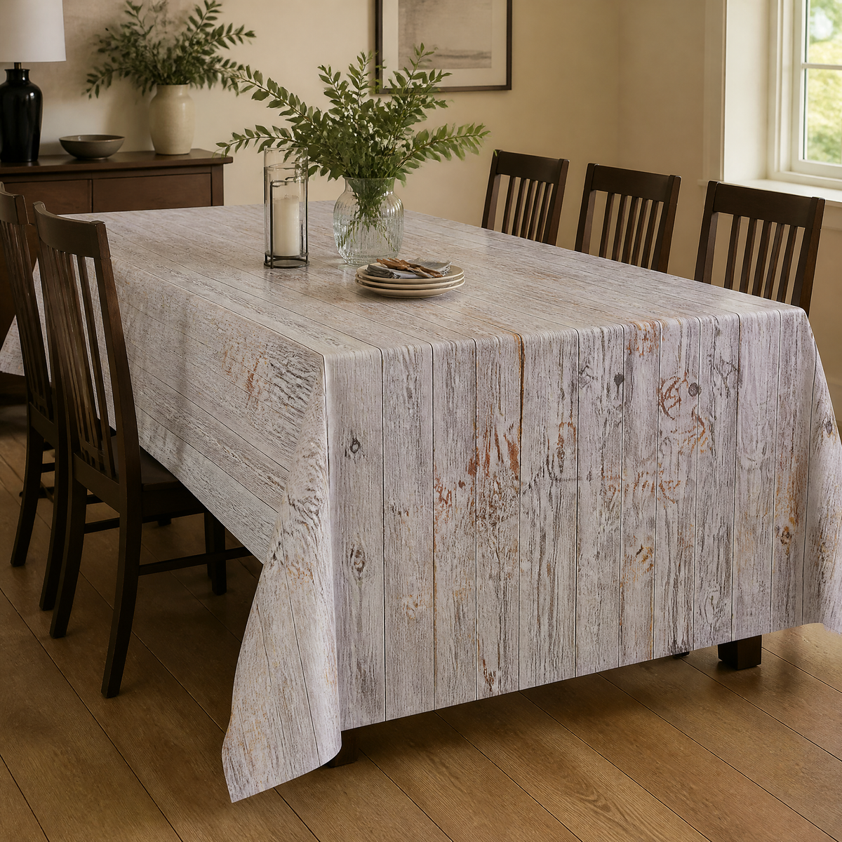 Wood-plank print table covering draped over a rectangular dining table with chairs