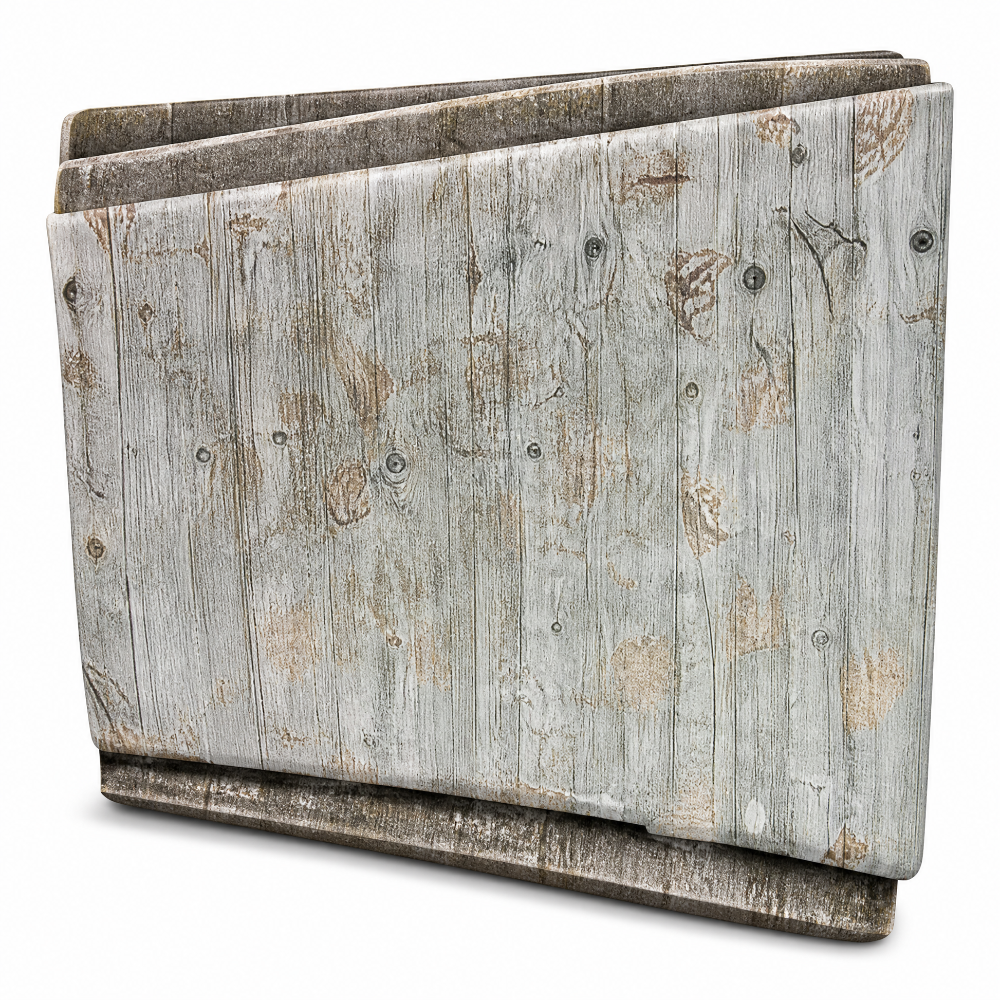 Table roll folded into a stack, weathered grey wood-plank print, on white