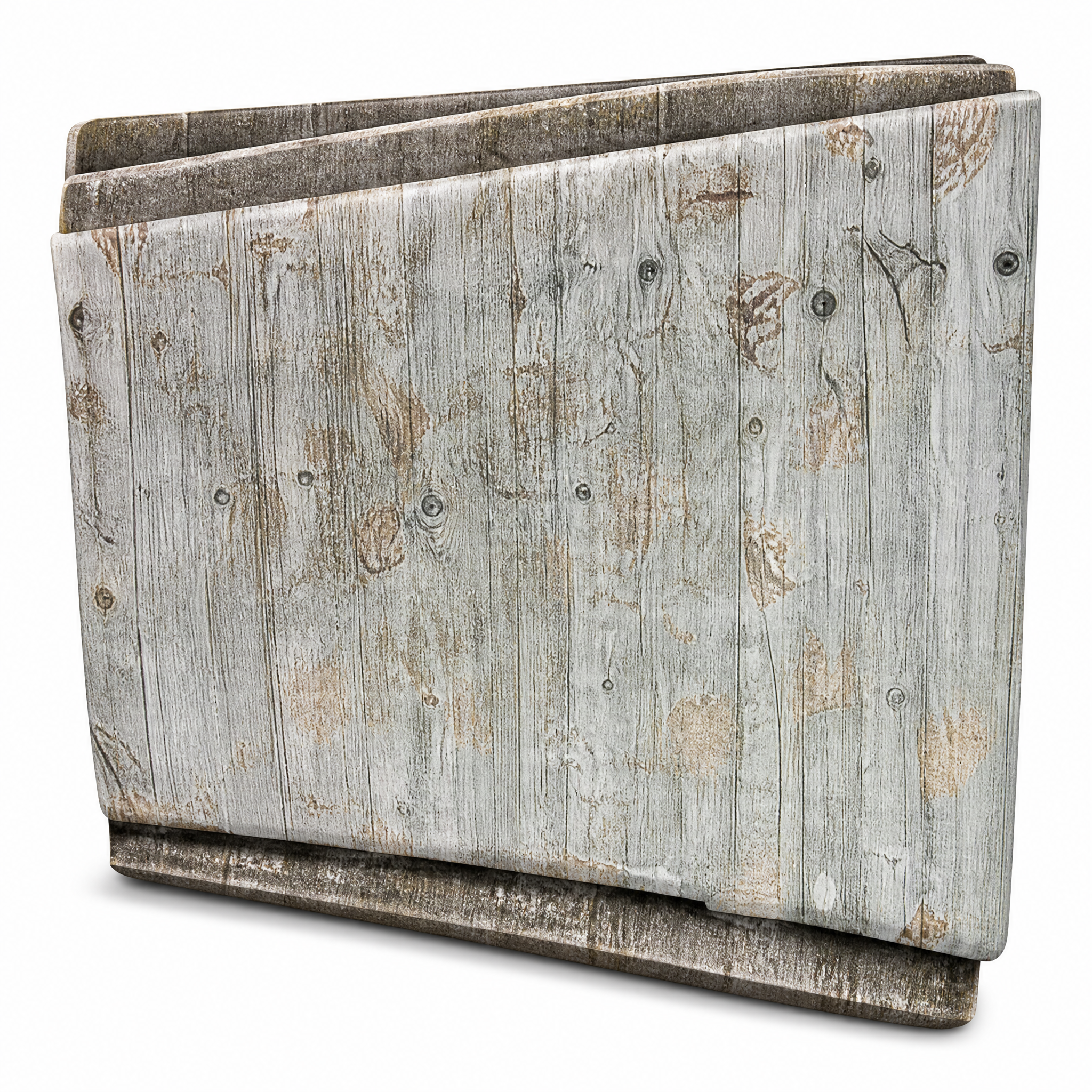 Table roll folded into a stack, weathered grey wood-plank print, on white