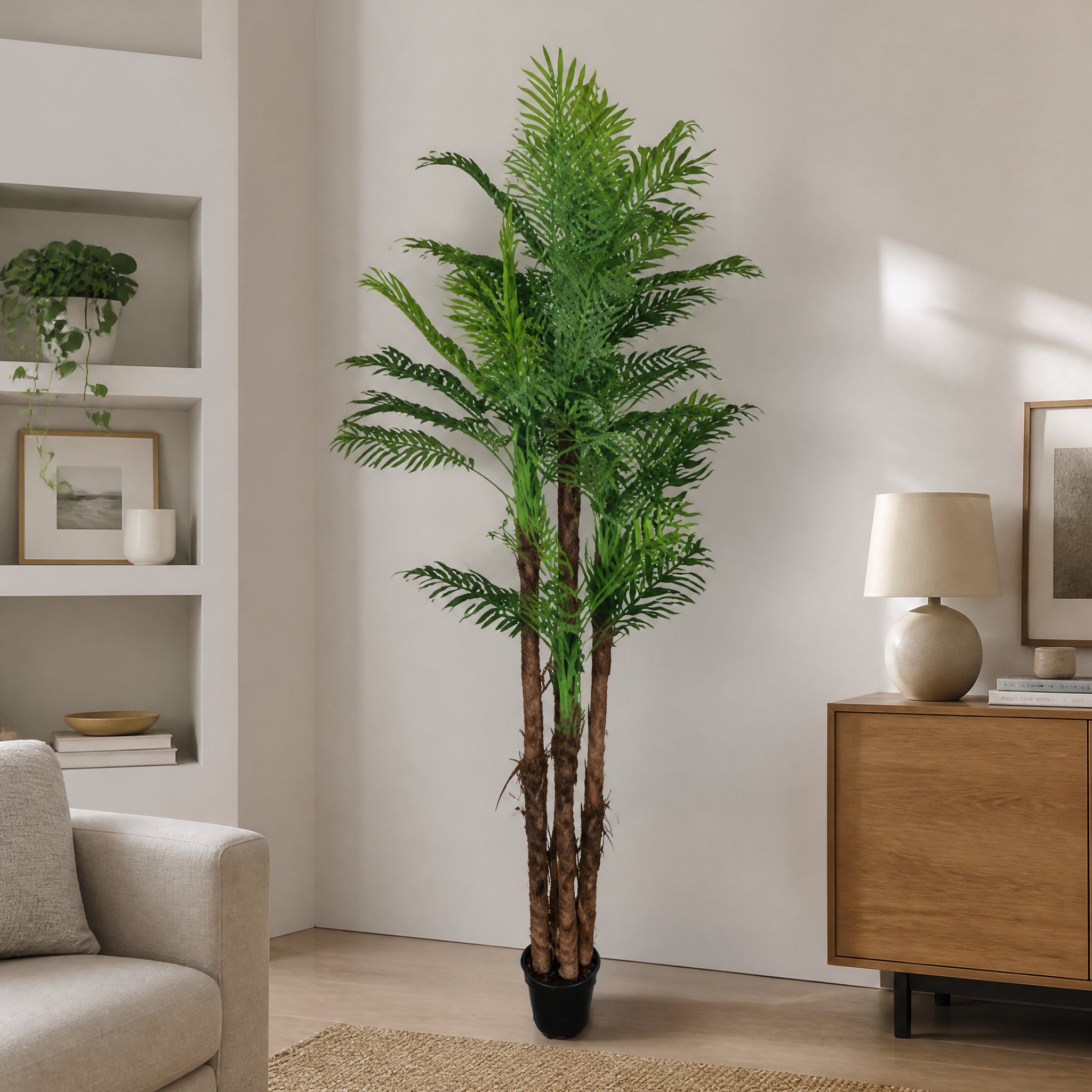 Artificial palm tree in a living room corner beside a wooden sideboard
