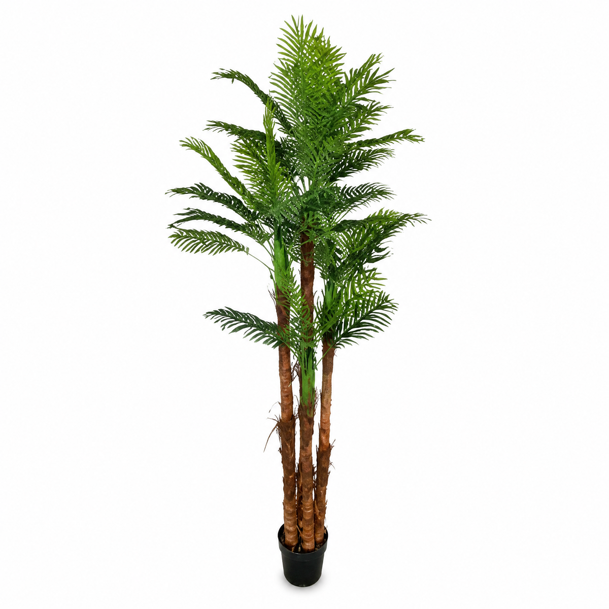 Three-trunk artificial palm tree, 230 cm tall, in a plain black plastic pot
