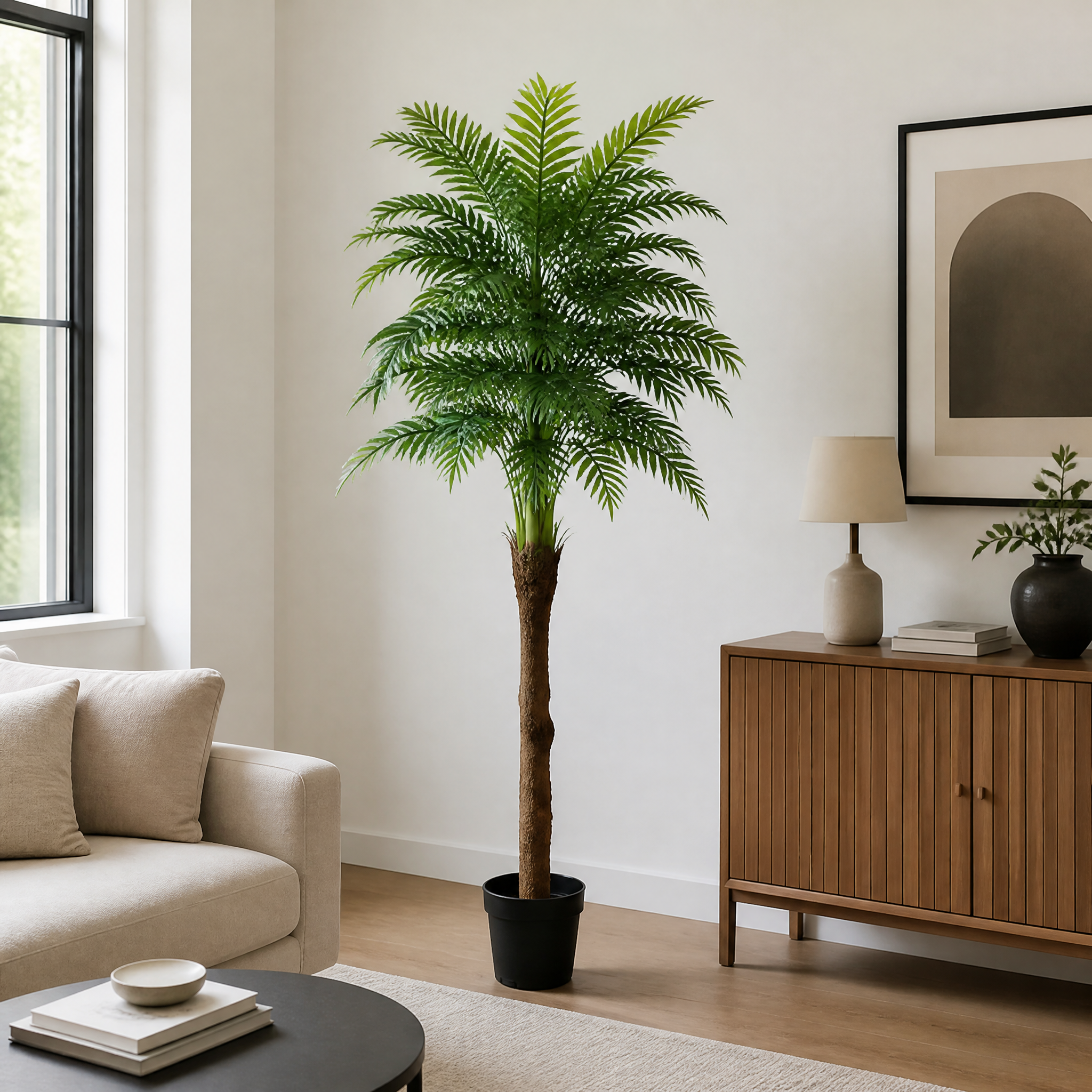 Artificial palm tree beside a sofa and wooden sideboard in a bright living room