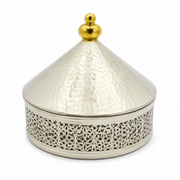 Domed candy box in silver with a gold-tone top and pierced lattice base