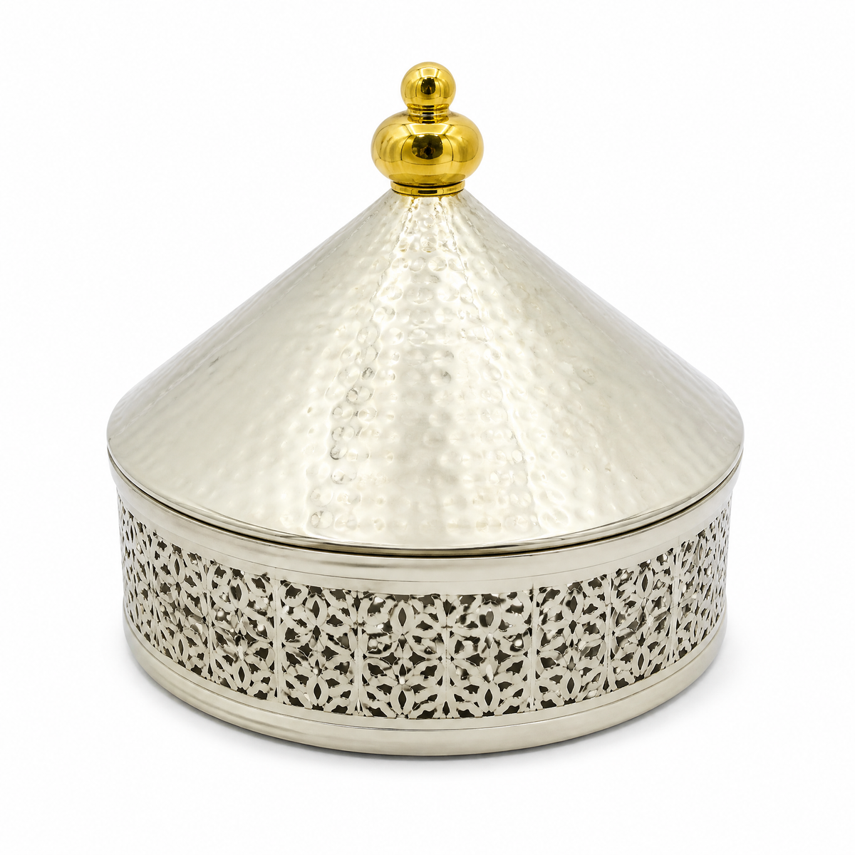 Domed candy box in silver with a gold-tone top and pierced lattice base