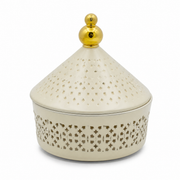 Cream candy box, cone lid punched with a diamond pattern, gold-tone ball finial, pierced base band