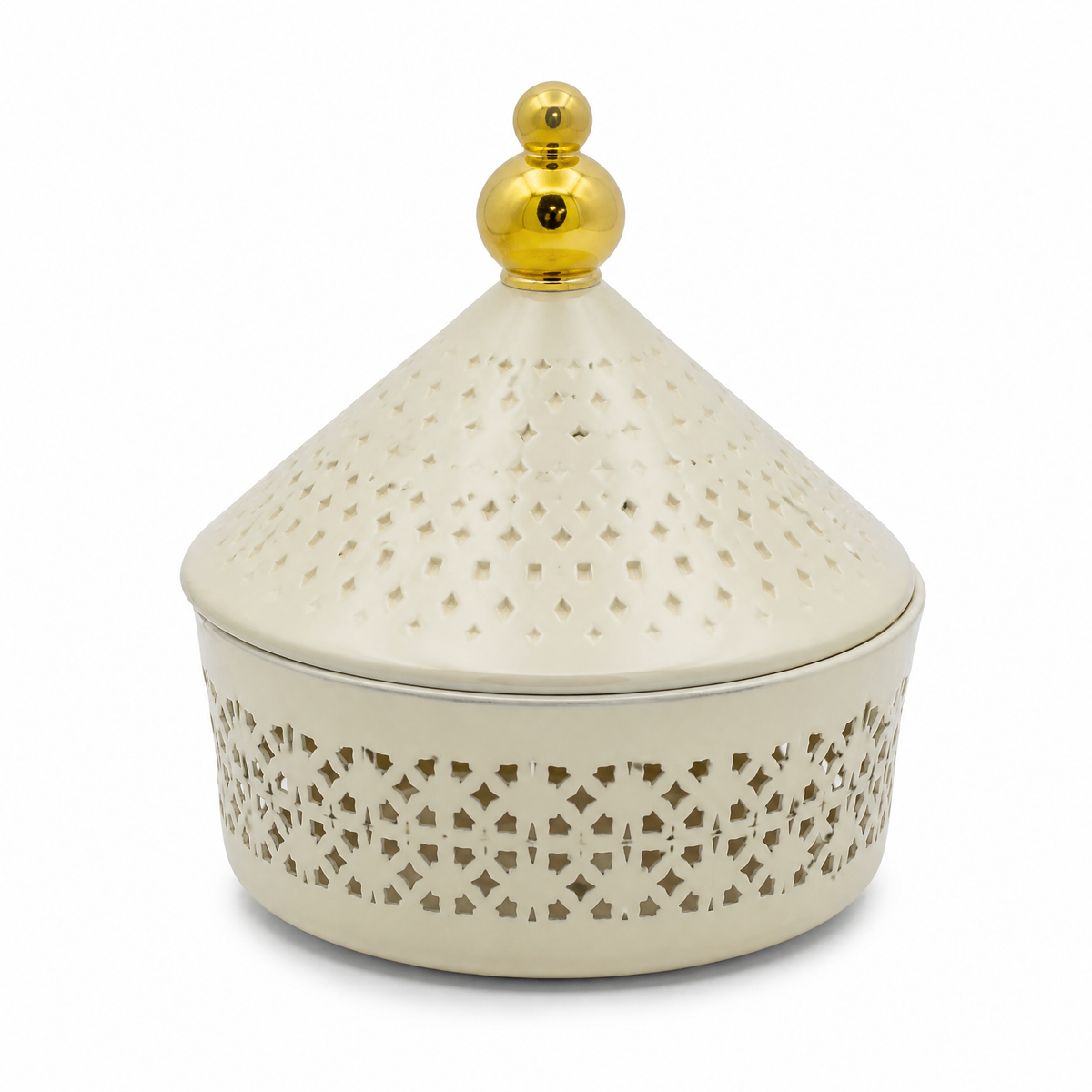Cream candy box, cone lid punched with a diamond pattern, gold-tone ball finial, pierced base band