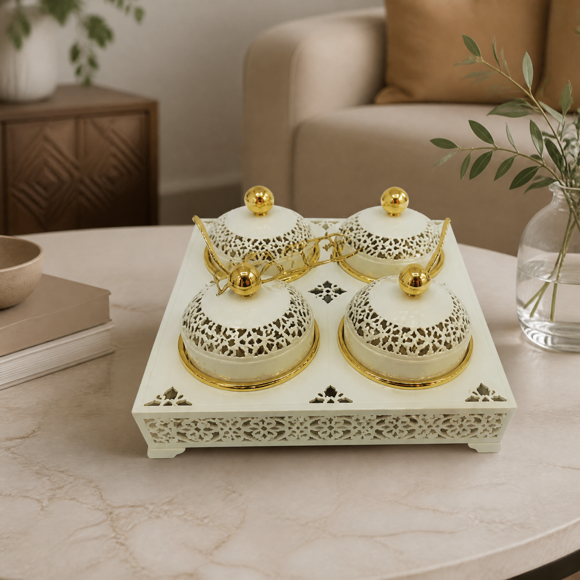 Ivory and gold four-jar candy set with gold spoons on a round marble table in a living room