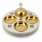 Round white candy tray with three gold-tone bowls, a domed gold-tone lid and a hammered silver-tone side band