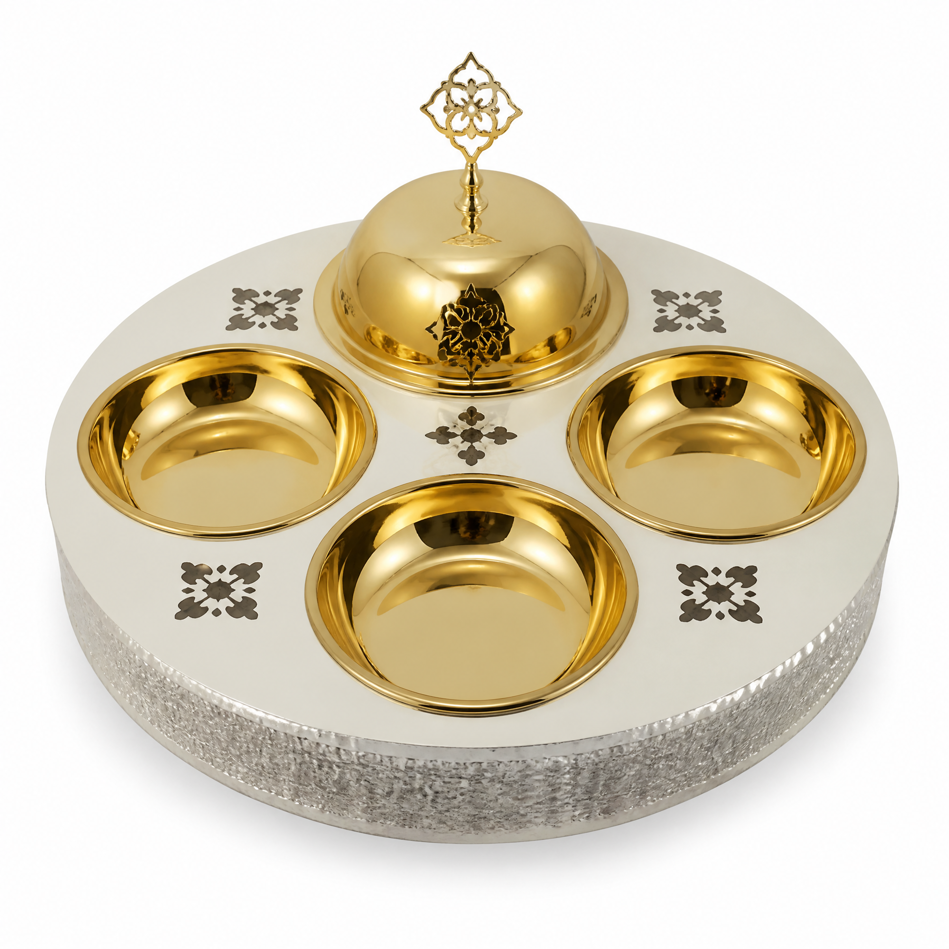 Round white candy tray with three gold-tone bowls, a domed gold-tone lid and a hammered silver-tone side band