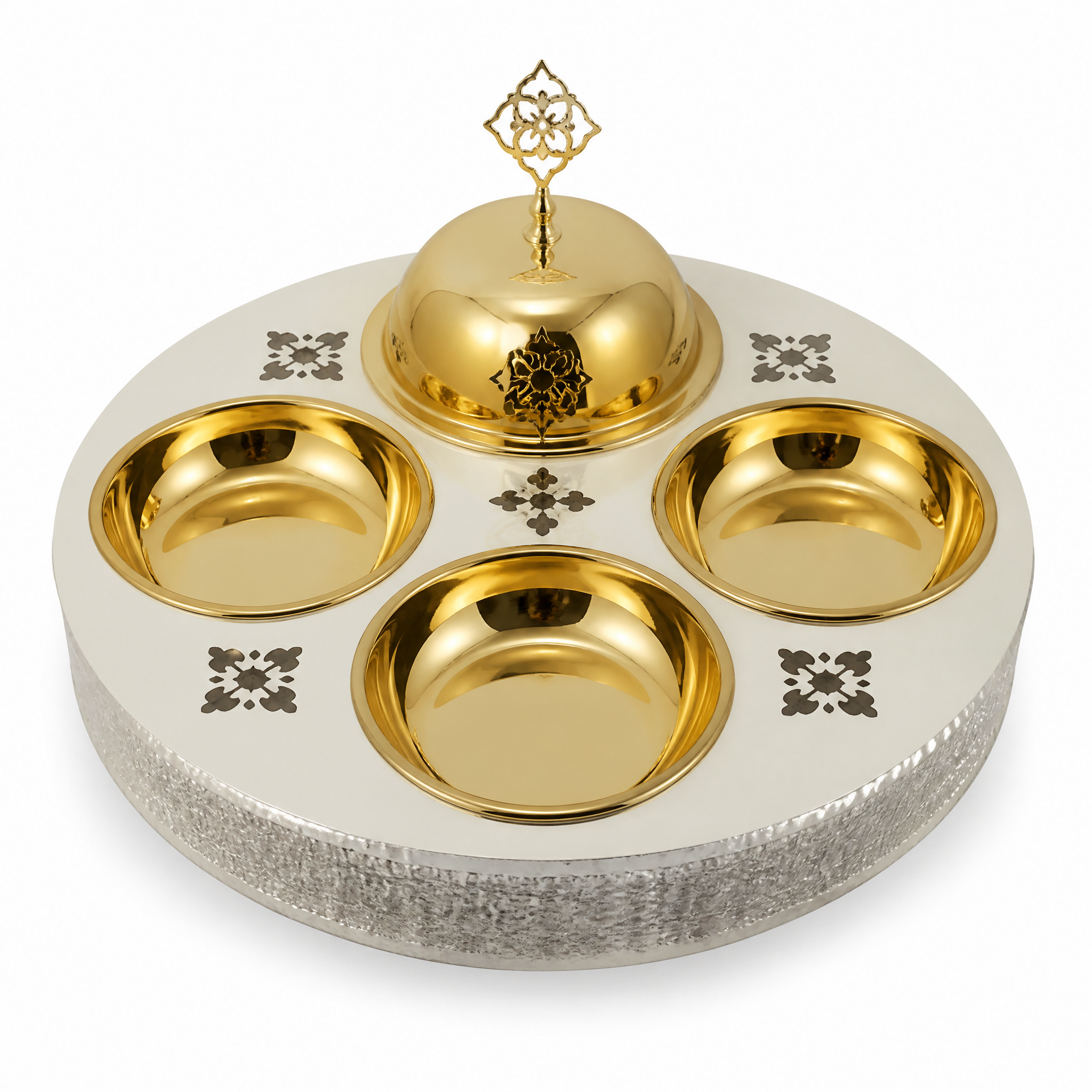 Round white candy tray with three gold-tone bowls, a domed gold-tone lid and a hammered silver-tone side band
