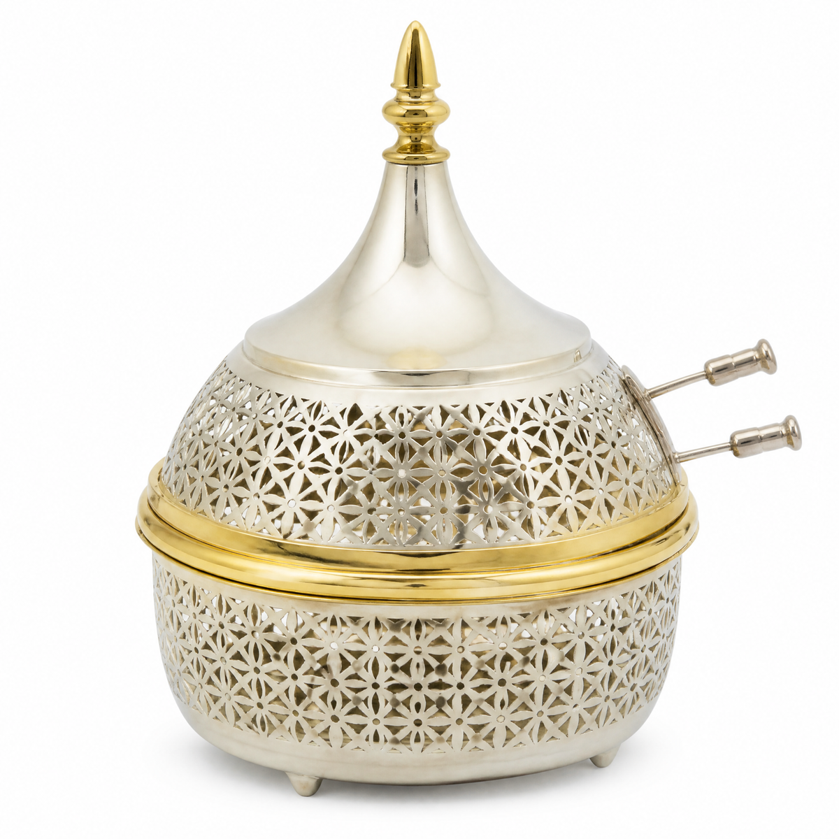 Pierced silver-tone candy box with domed lid, gold-tone waist band and gold-tone finial