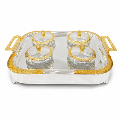 Serving Tray Set with Four Lidded Bowls, Silver and Gold, 40.7 x 8 x 32.2 cm