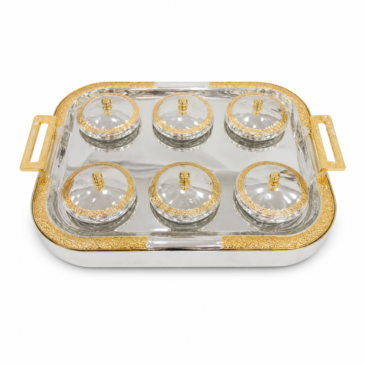 Rectangular silver tray with gold handles holding six clear glass bowls with gold-rimmed domed lids