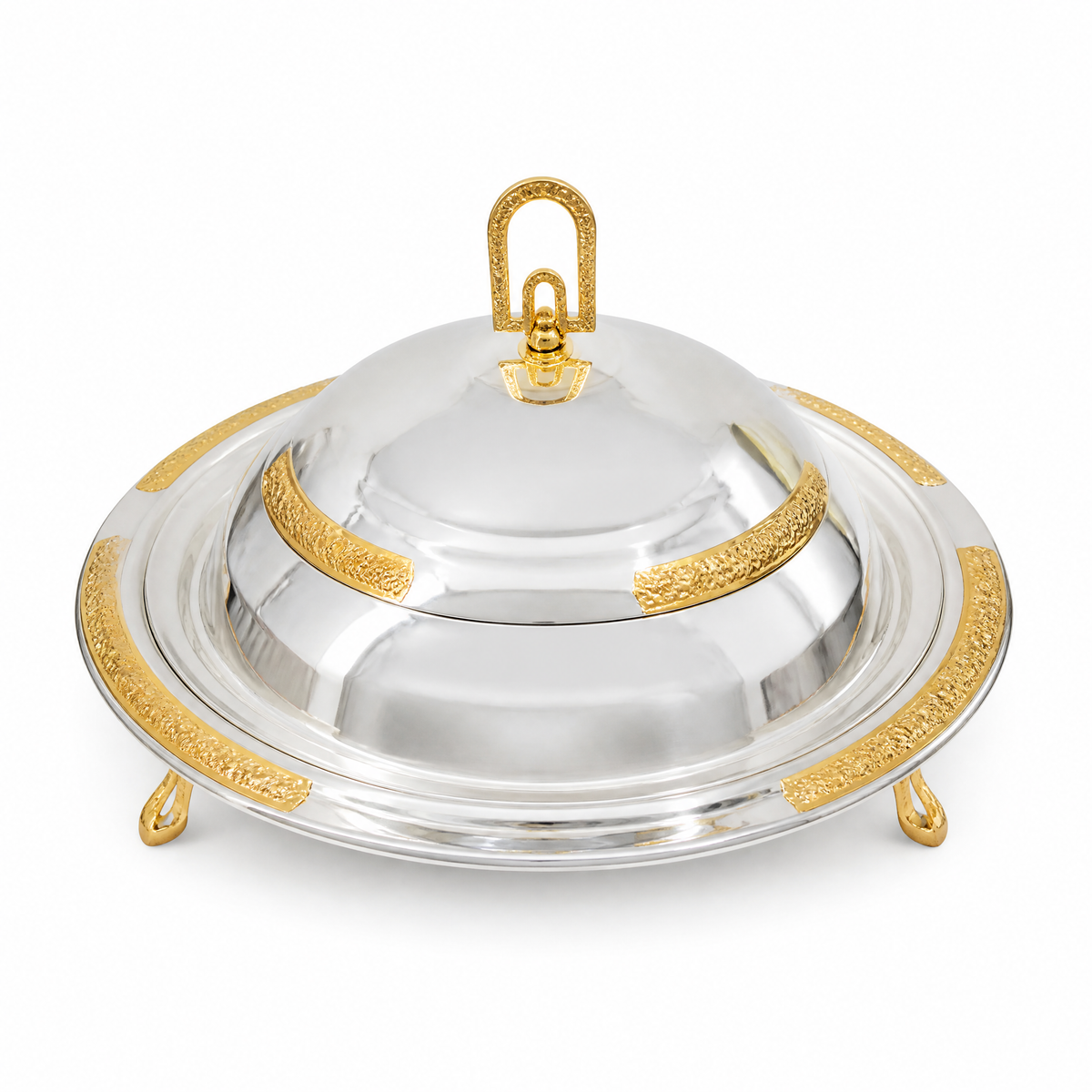 Footed silver and gold food warmer with domed lid and gold carry handle