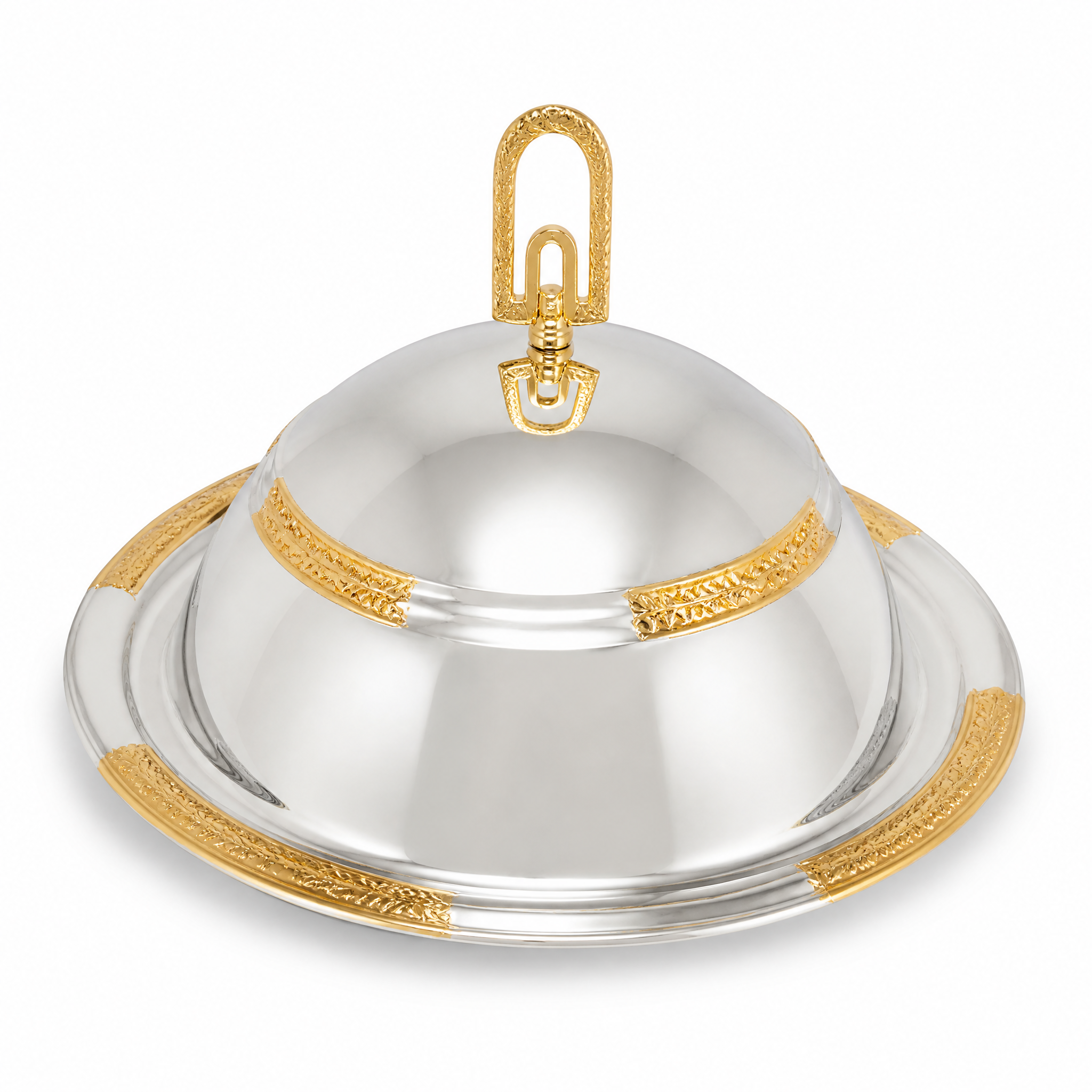 Silver food warmer with a low domed lid, gold band trim and an arched gold carry handle