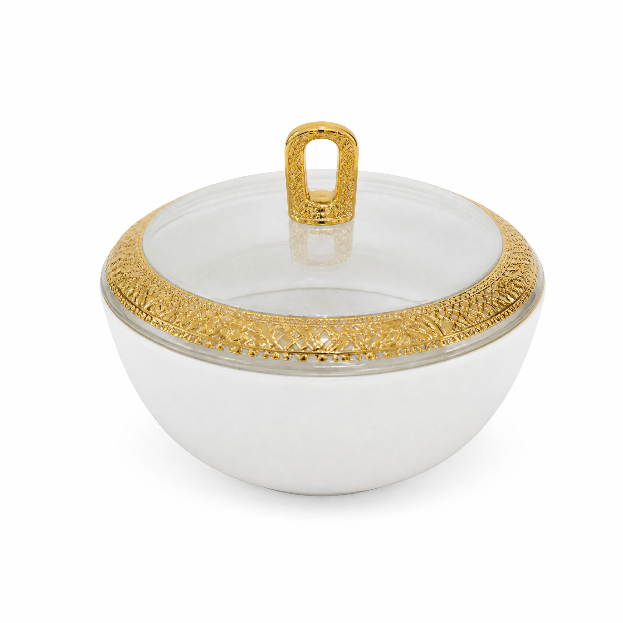 Small white bowl with a clear lid, pierced gold rim band and a gold loop knob