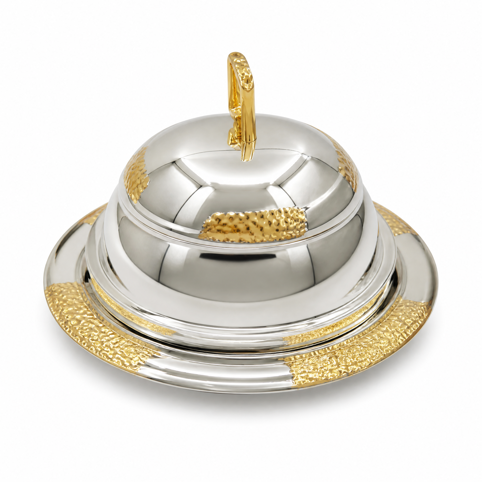Compact footed silver and gold food warmer with domed lid and gold carry handle