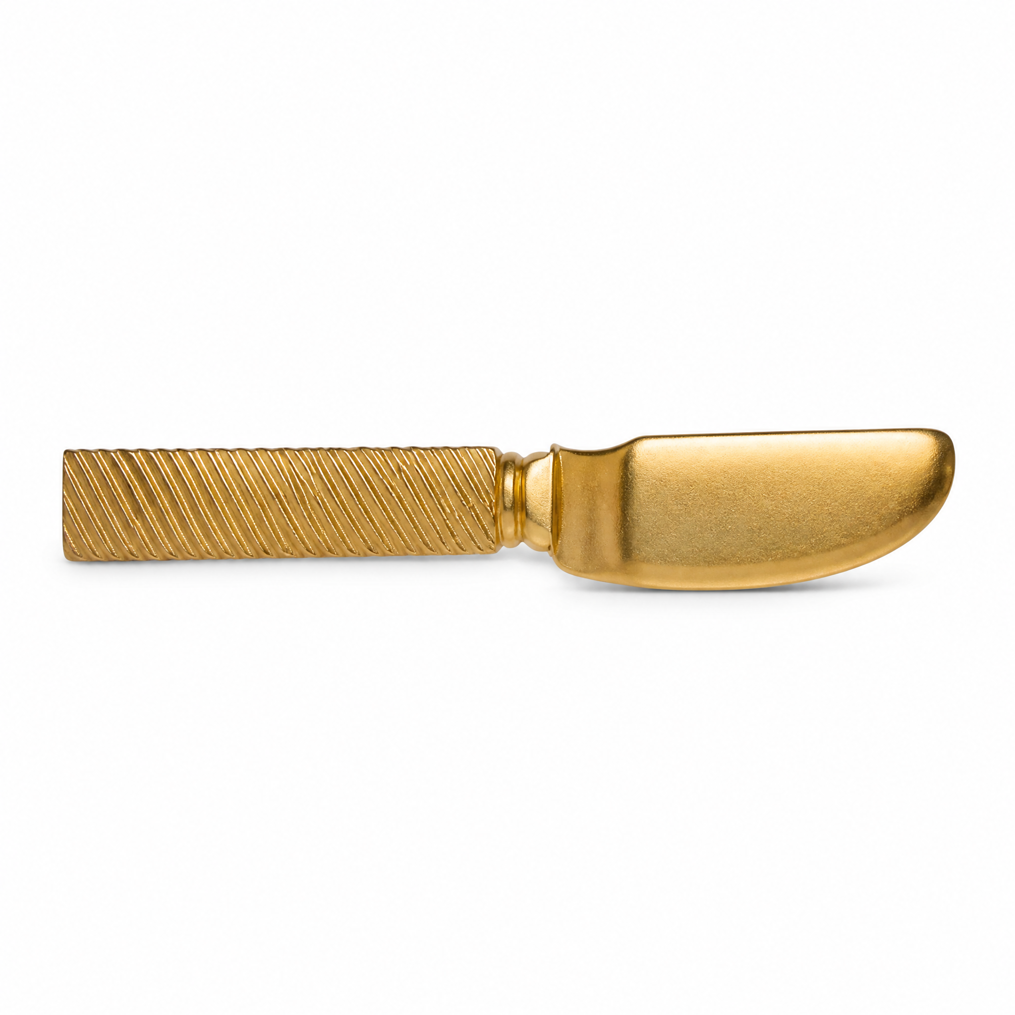 One gold-tone butter knife from the six-piece set, ribbed handle, on a white background