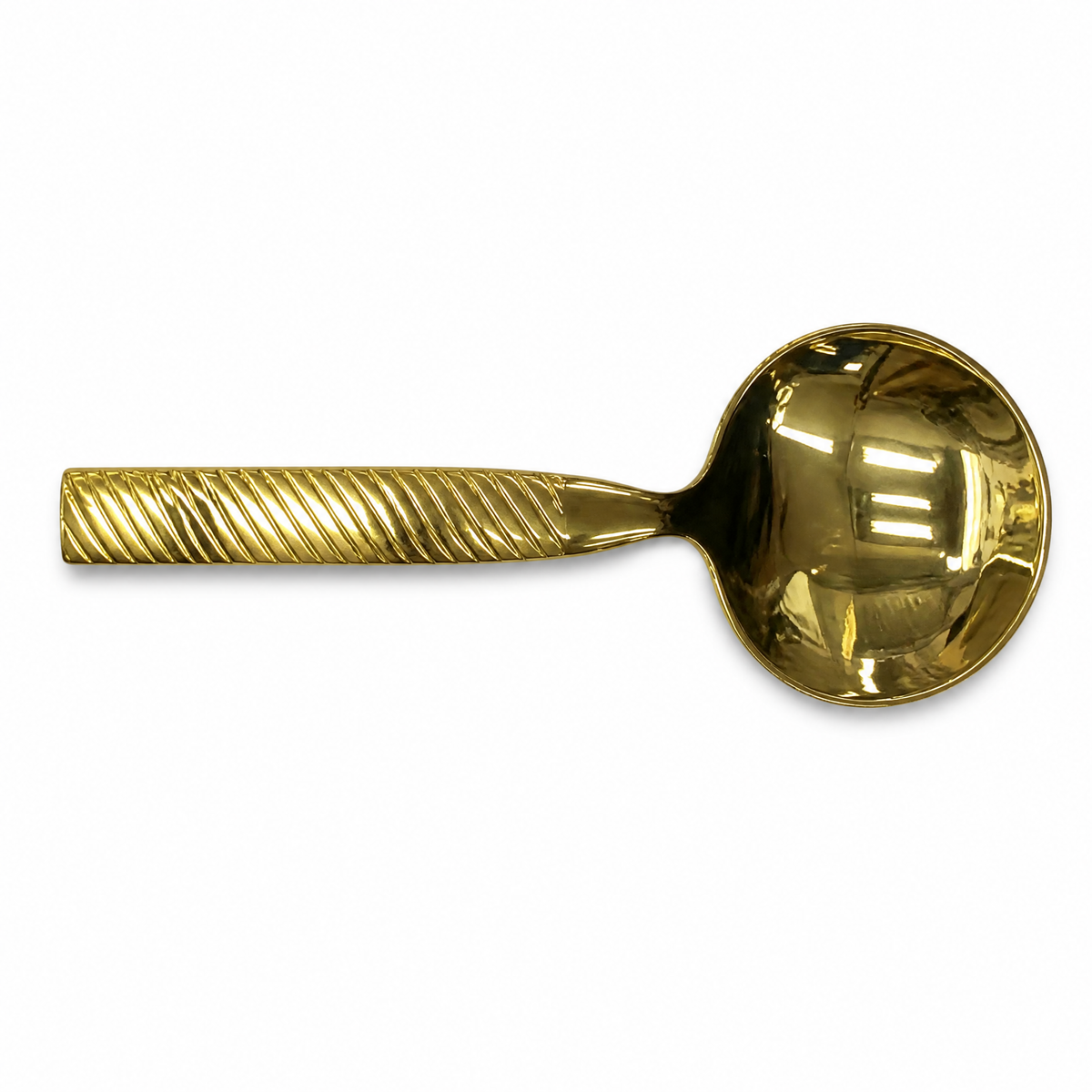 One gold-tone spoon from the six-piece set, spiral-ribbed handle, on a white background