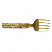 One of six gold-tone dinner forks, spiral-fluted handle and four tines, on white