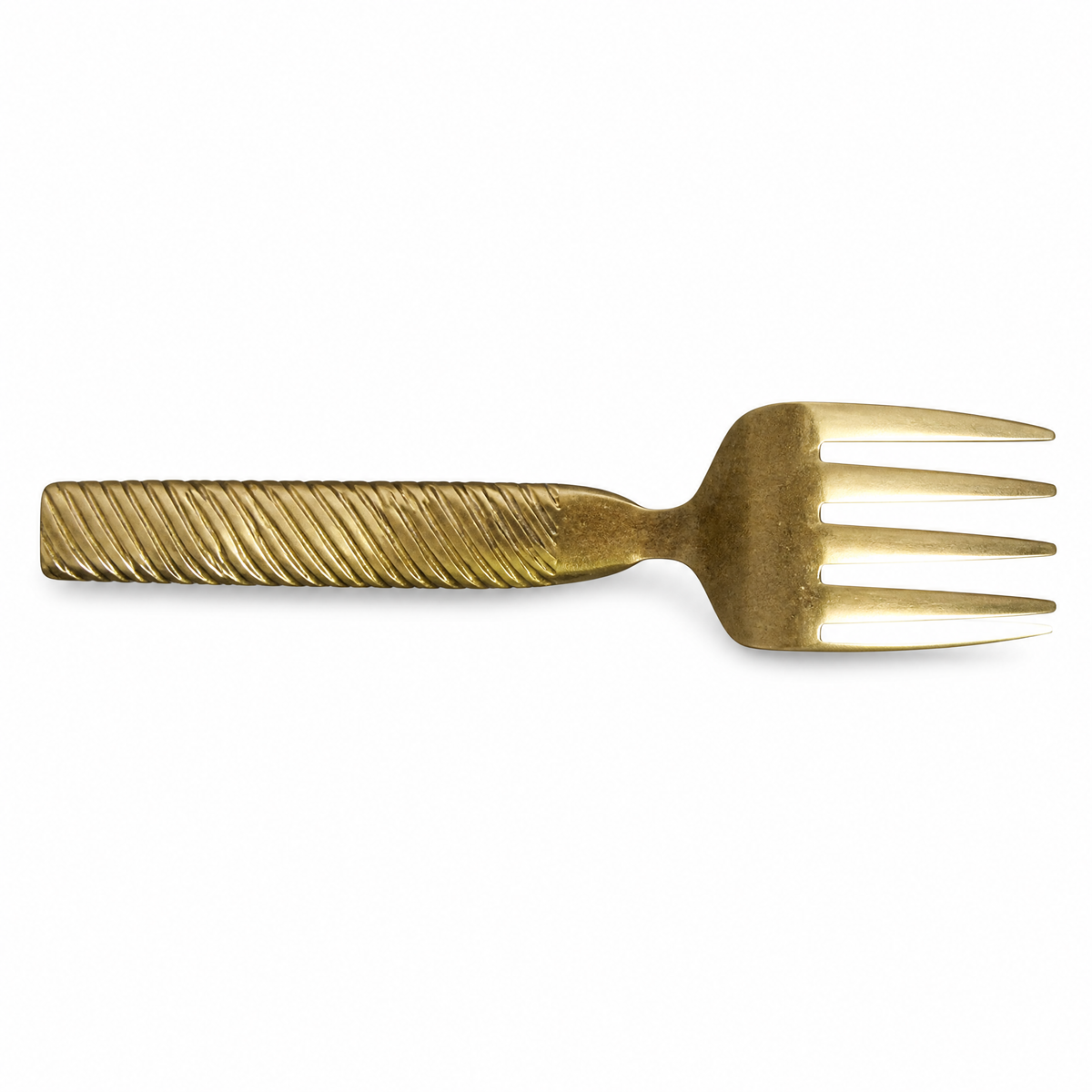 One of six gold-tone dinner forks, spiral-fluted handle and four tines, on white