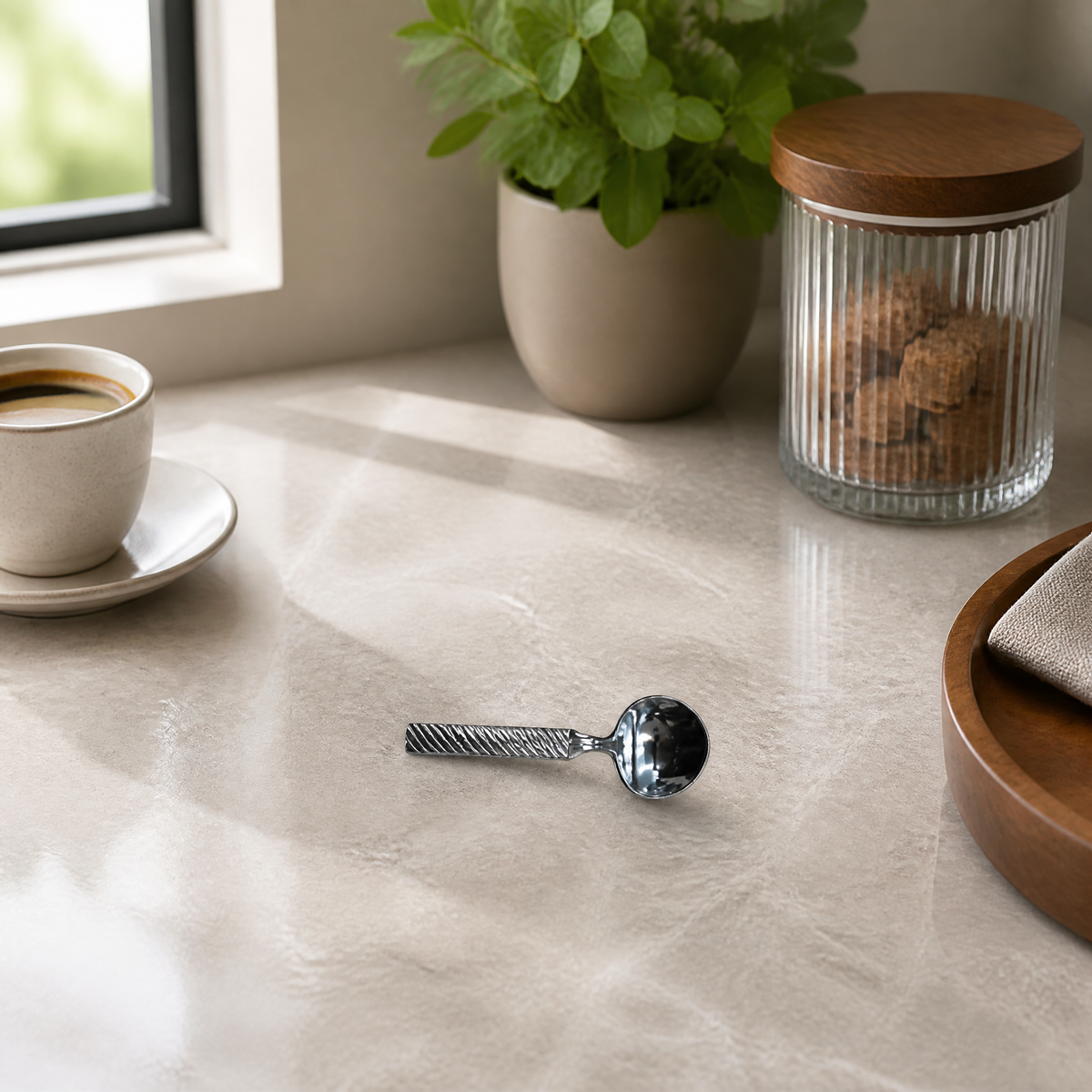 Espresso spoon with textured handle on a stone counter beside an espresso cup