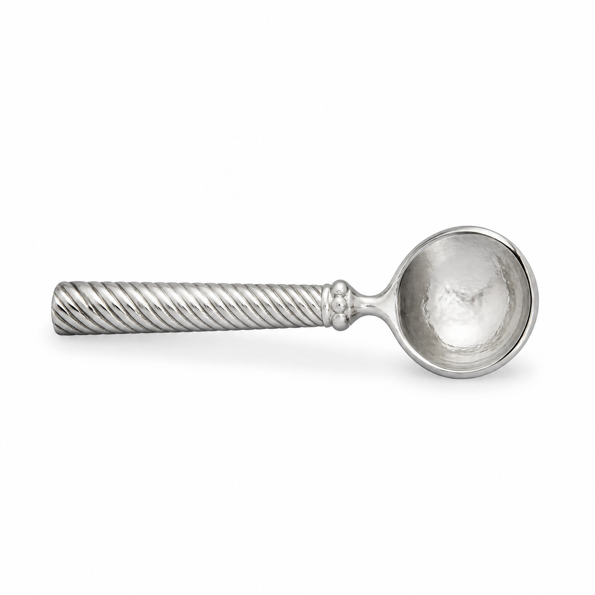 Silver-tone espresso spoon with rope-twisted handle, beaded collar and hammered round bowl