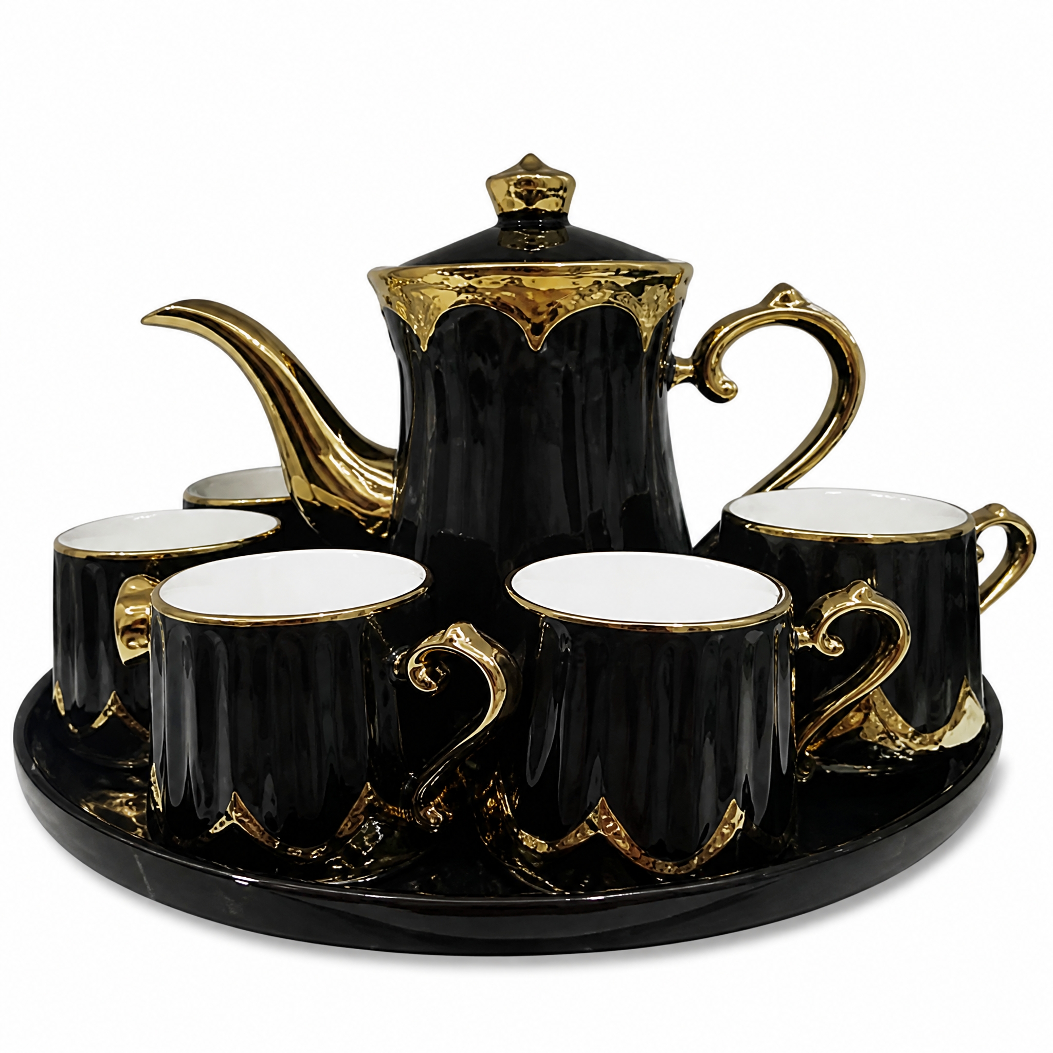 Black and gold tea service with a lidded teapot cups and an oval tray