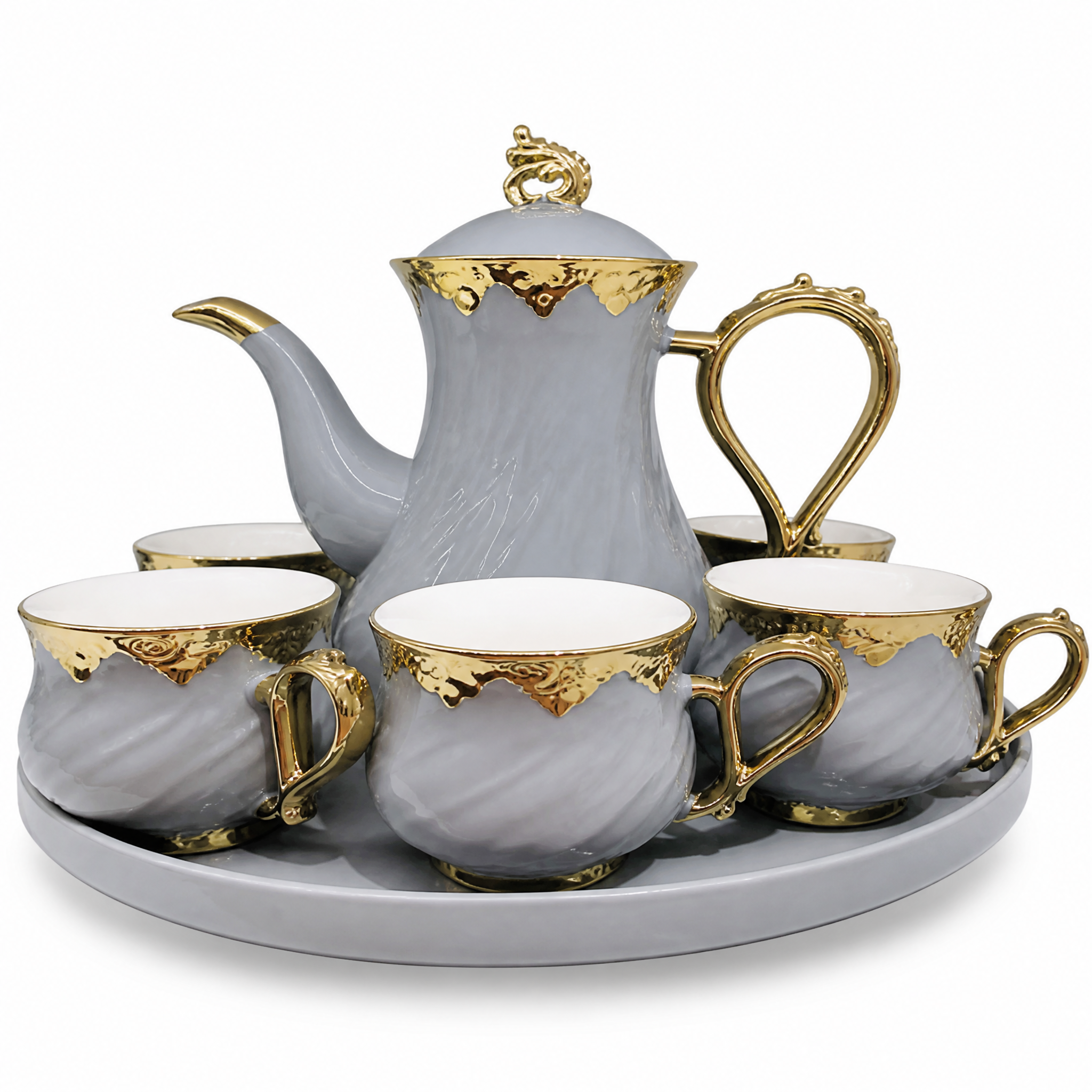 Grey and gold tea service: lidded teapot, cups and a matching grey tray