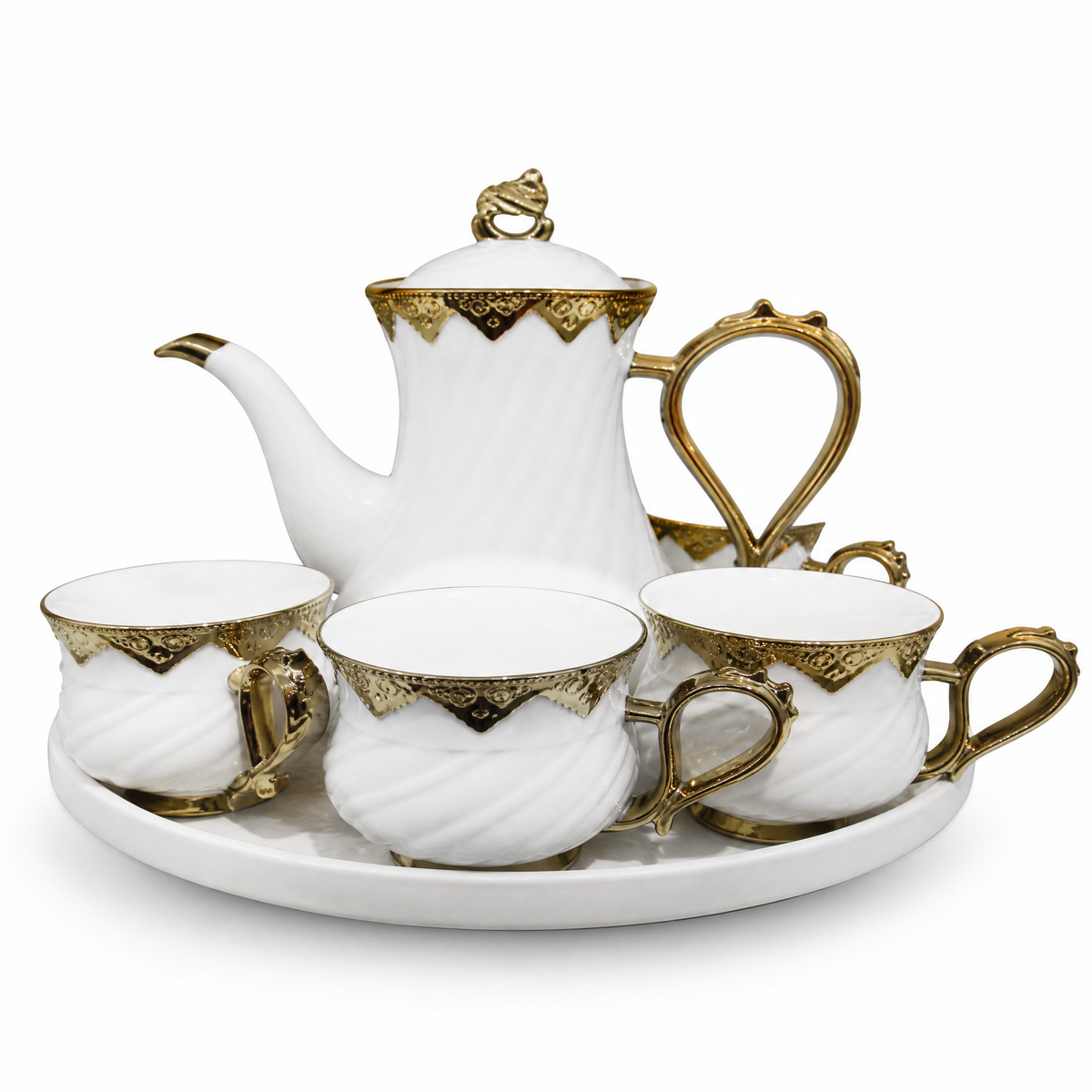 White and gold tea service: lidded teapot, cups and a matching white tray
