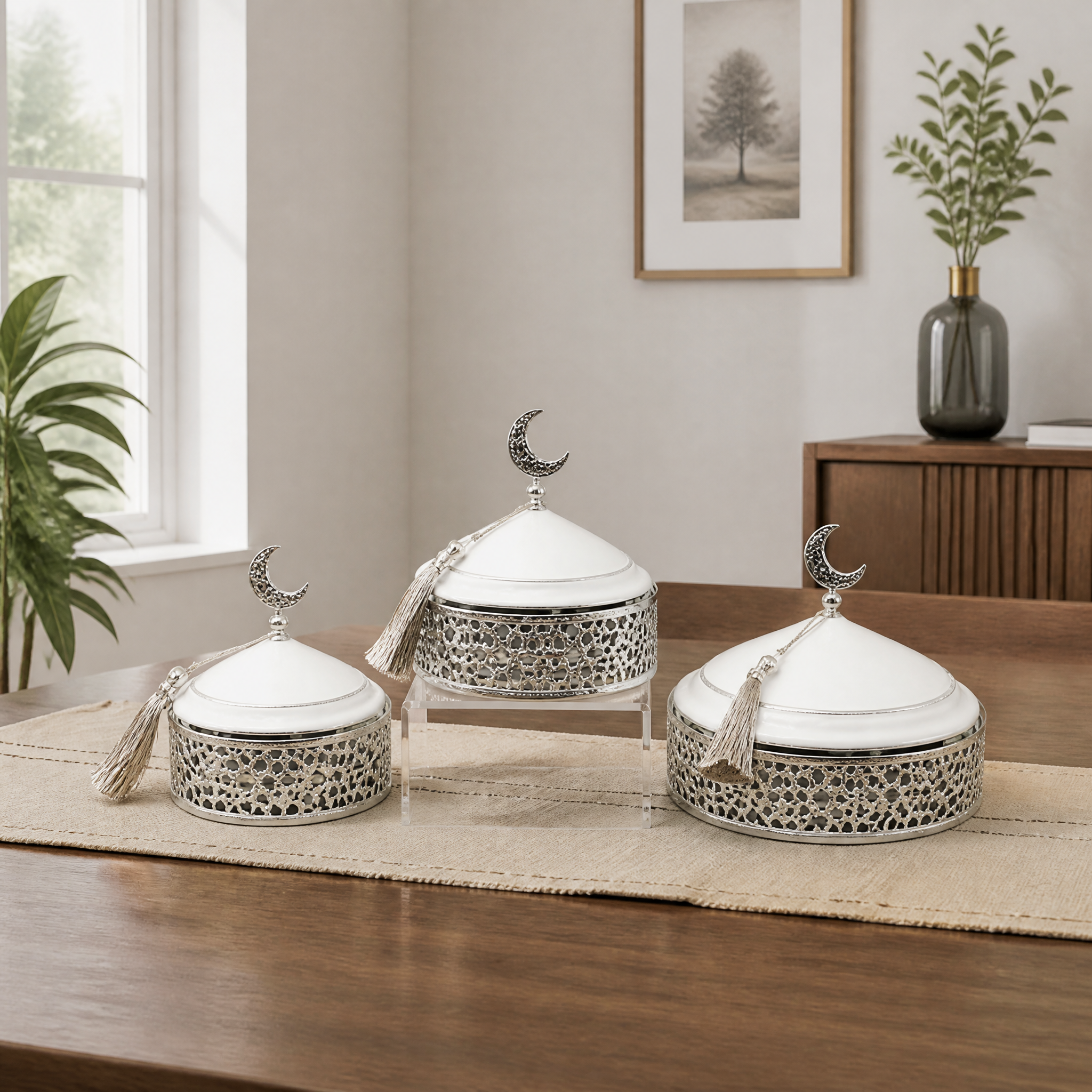 Three graduated white and silver domed serving dishes on a filigree base