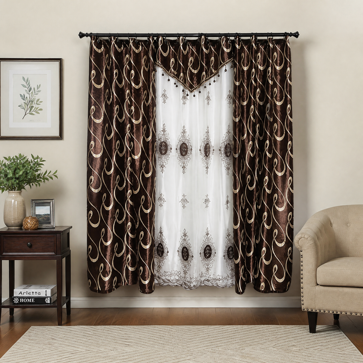 Dark coffee curtain panel with swirling scroll print sheer center insert tasseled valance and tab-top rings